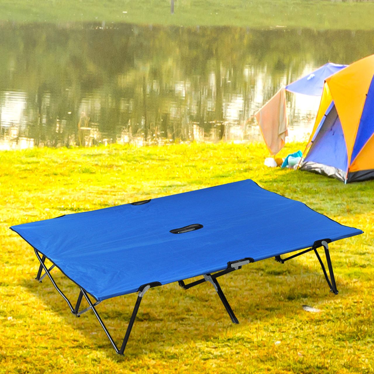 Outsunny Campingbett Klappbar für 2 Personen Feldbett Klappbett mit Tragetasche bis 136 kg belastbar Stahl Oxford Blau Schwarz 193 x 125 x 40 cm