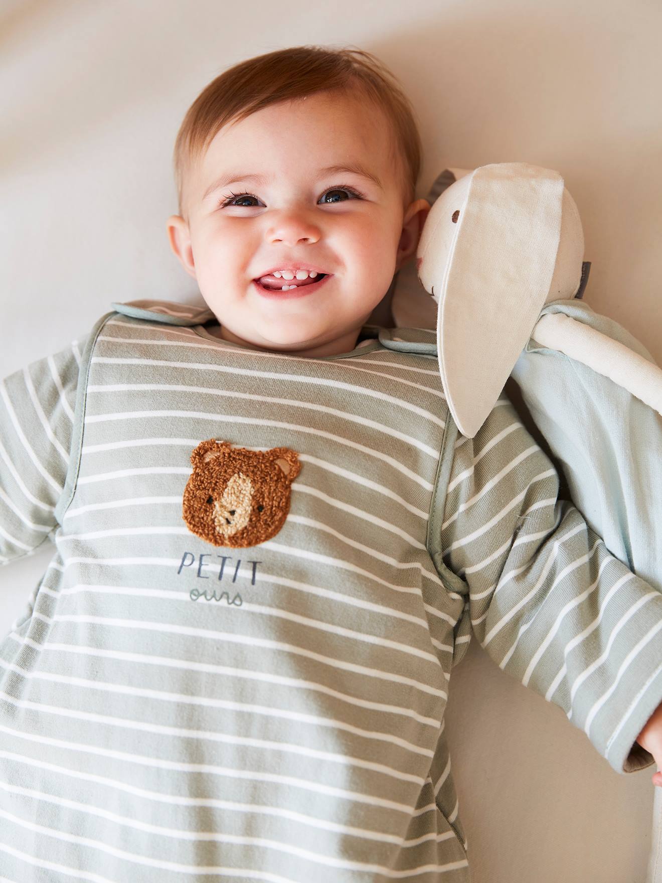Vertbaudet Baby Winterschlafsack mit Bär oder Fuchs Oeko Tex - nachtblau gestreift/kleiner fu