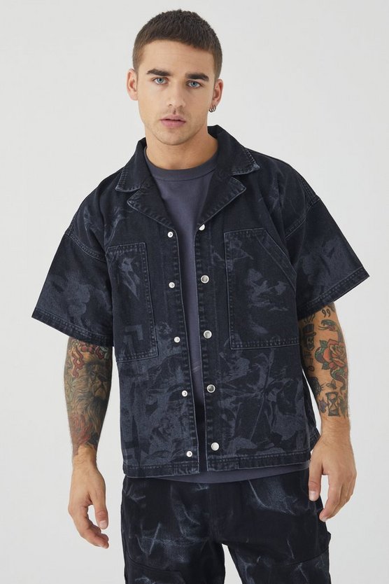 Kastiges Jeanshemd mit Renaissance Laser-Print