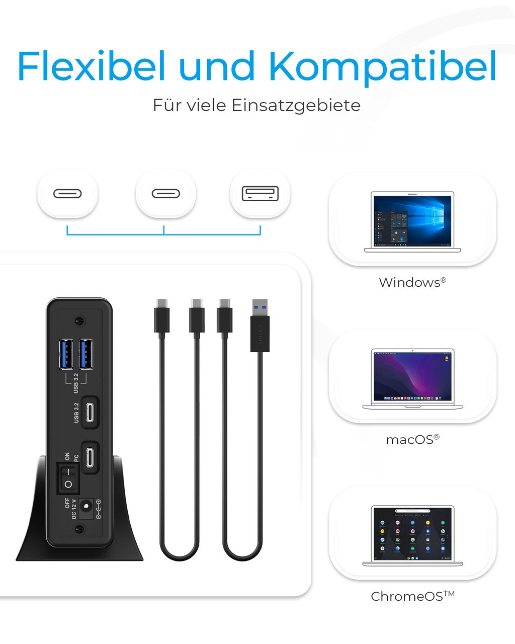 ICY BOX IB-382H-C31, Gehäuse für 1x HDD/SSD mit USB 3.2 (Gen 2) Type-CAnschluss und USB Hub