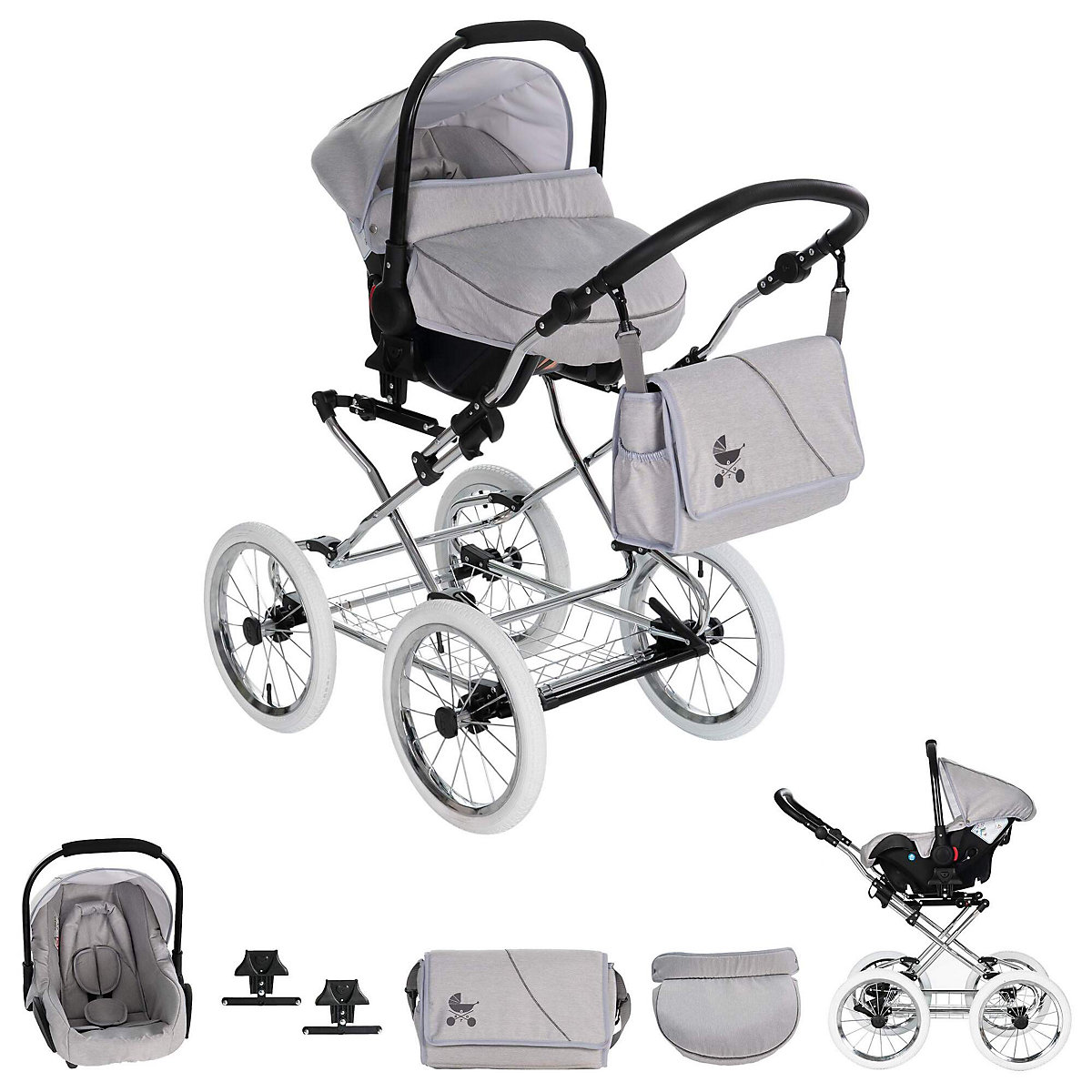 München | 3 in 1 Kombi Kinderwagen Komplettset | Nostalgie Kinderwagen Kombikinderwagen