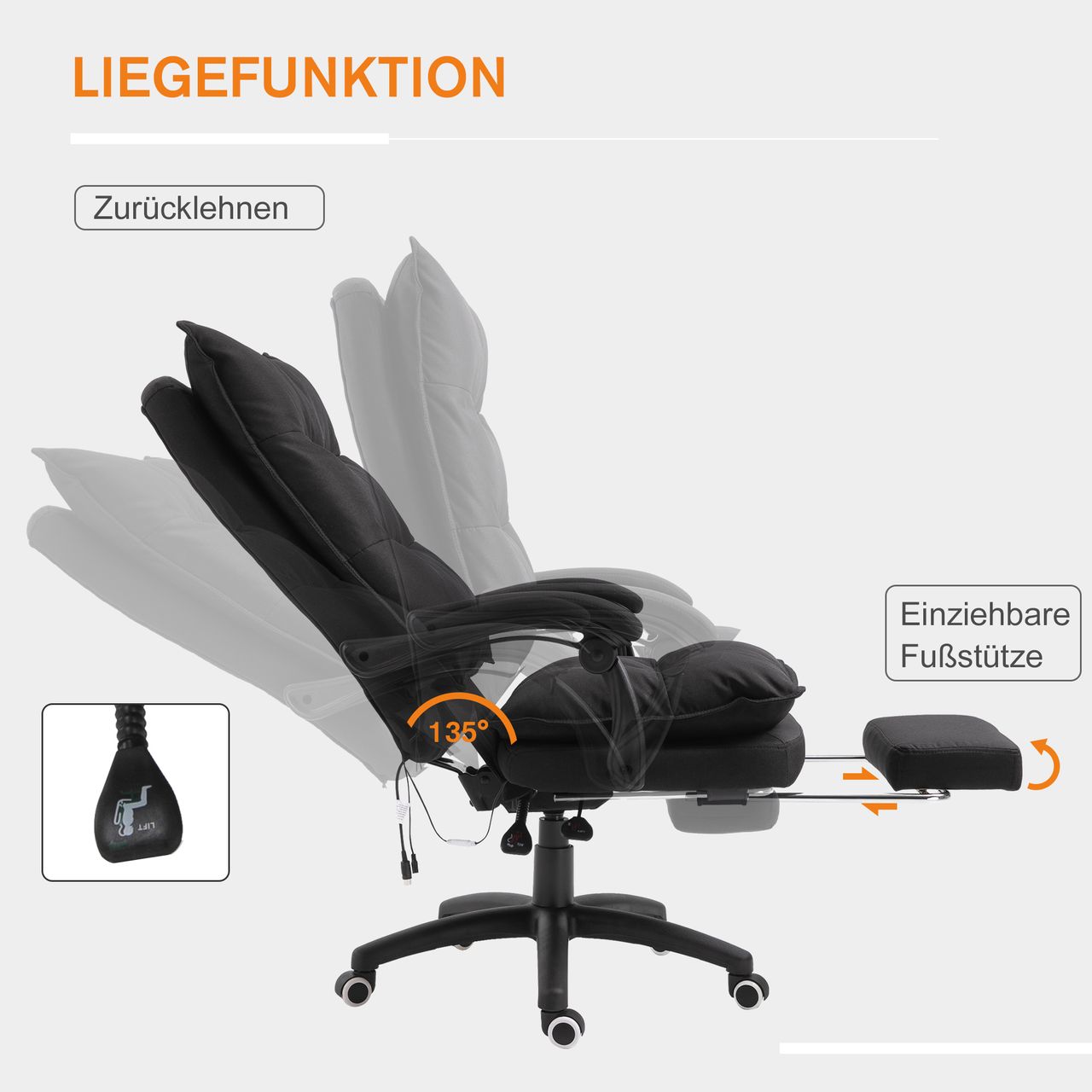 Vinsetto Bürostuhl massage, Chefsessel mit Massagefunktion, Gaming Stuhl, höhenverstellbarer, ergonomischer Drehstuhl, Massage Sessel, Nylon, Schwarz, 70 x 62 x 120-130 cm