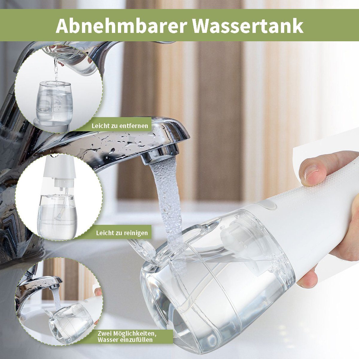 flowgoer Munddusche Schnurlose Munddusche 300 ml 2000 mAh Wasserflosser, Zahndusche, Offener Wassertank für verbesserte Mundhygiene mit 5 Modi und 5 Düsen