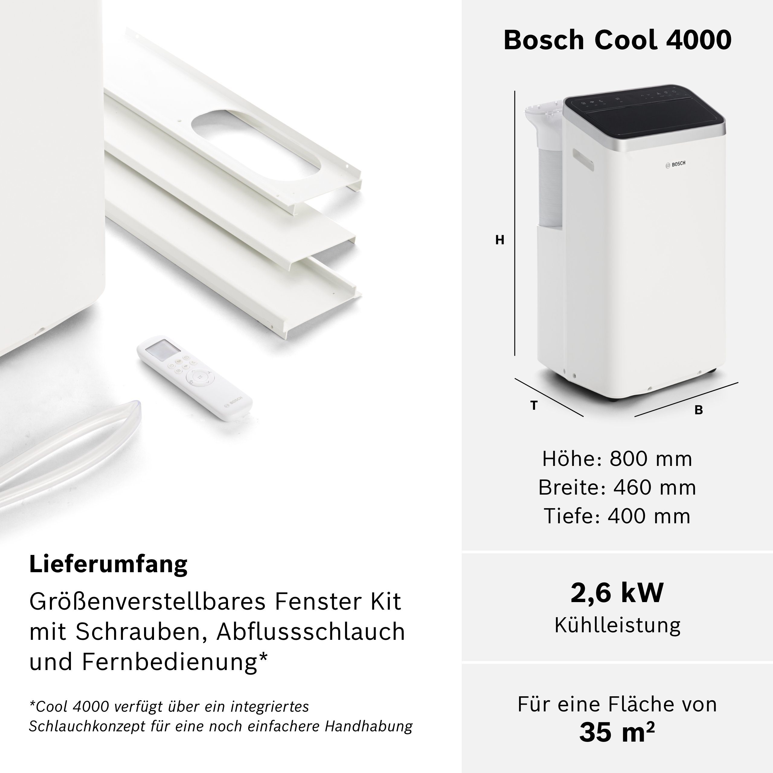 BOSCH 3-in-1-Klimagerät Cool 4000, Mobile Klimaanlage, Luftentfeuchter, Ventilator - für Räume bis 35m²