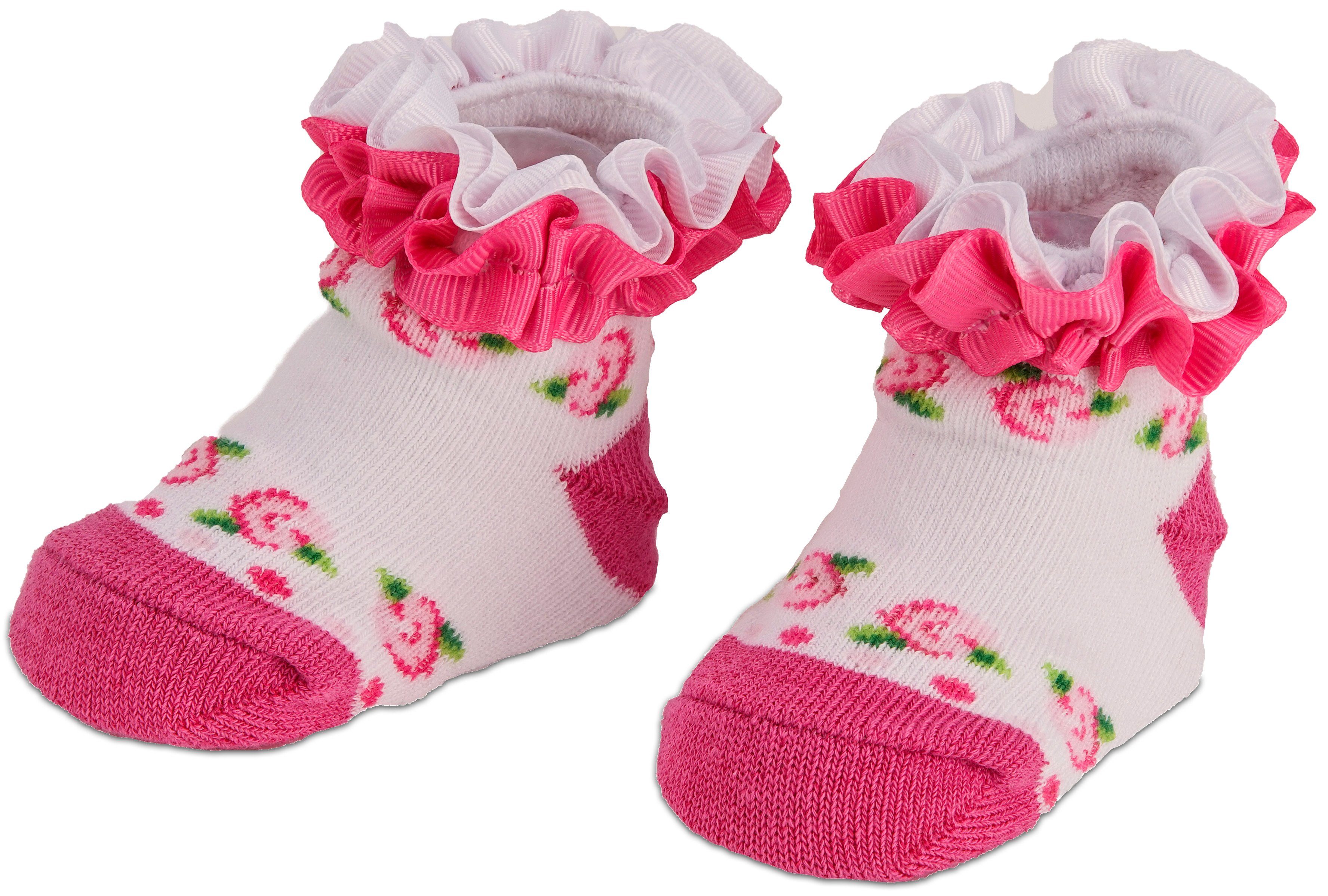 BRUBAKER Socken Babysocken für Mädchen 0-12 Monate (3-Paar, Baumwollsocken mit Blumenmotiven und Rüschen) Baby Geschenkset für Neugeborene in Geschenkverpackung mit Schleife