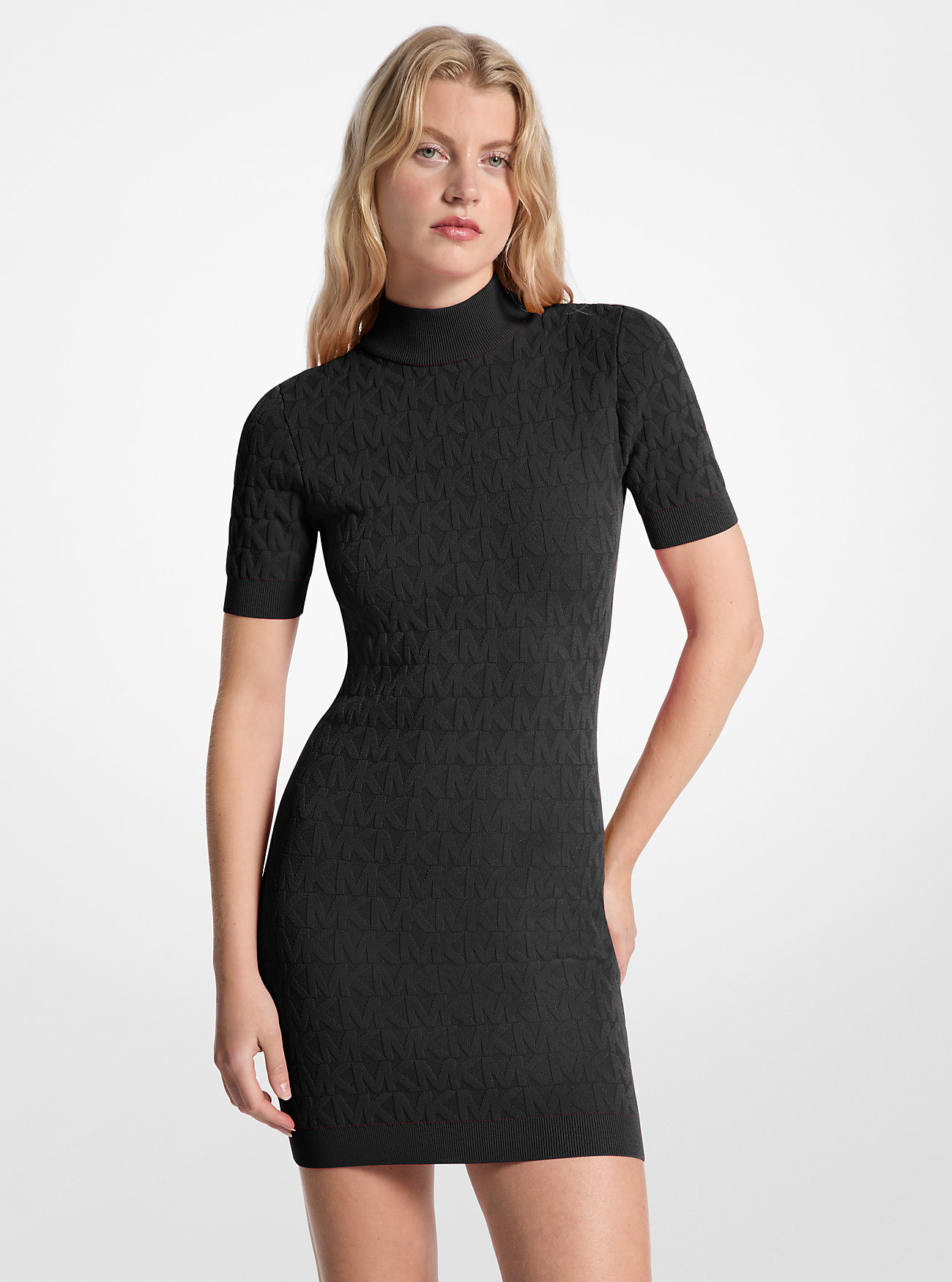 Logo Jacquard Knit Mock Neck Dress - BLACK