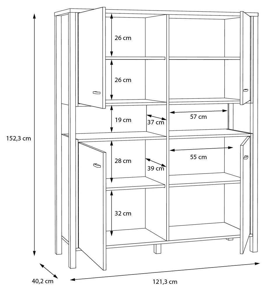 Forte Möbel Wohnwand Wohnwand HIGH ROCK 4-tlg. mit Beleuchtung Riviera Eiche Optik Schwarz, (Komplett-Set, 4-St., Highboard, Lowboard, Wandboard, Vitrine)