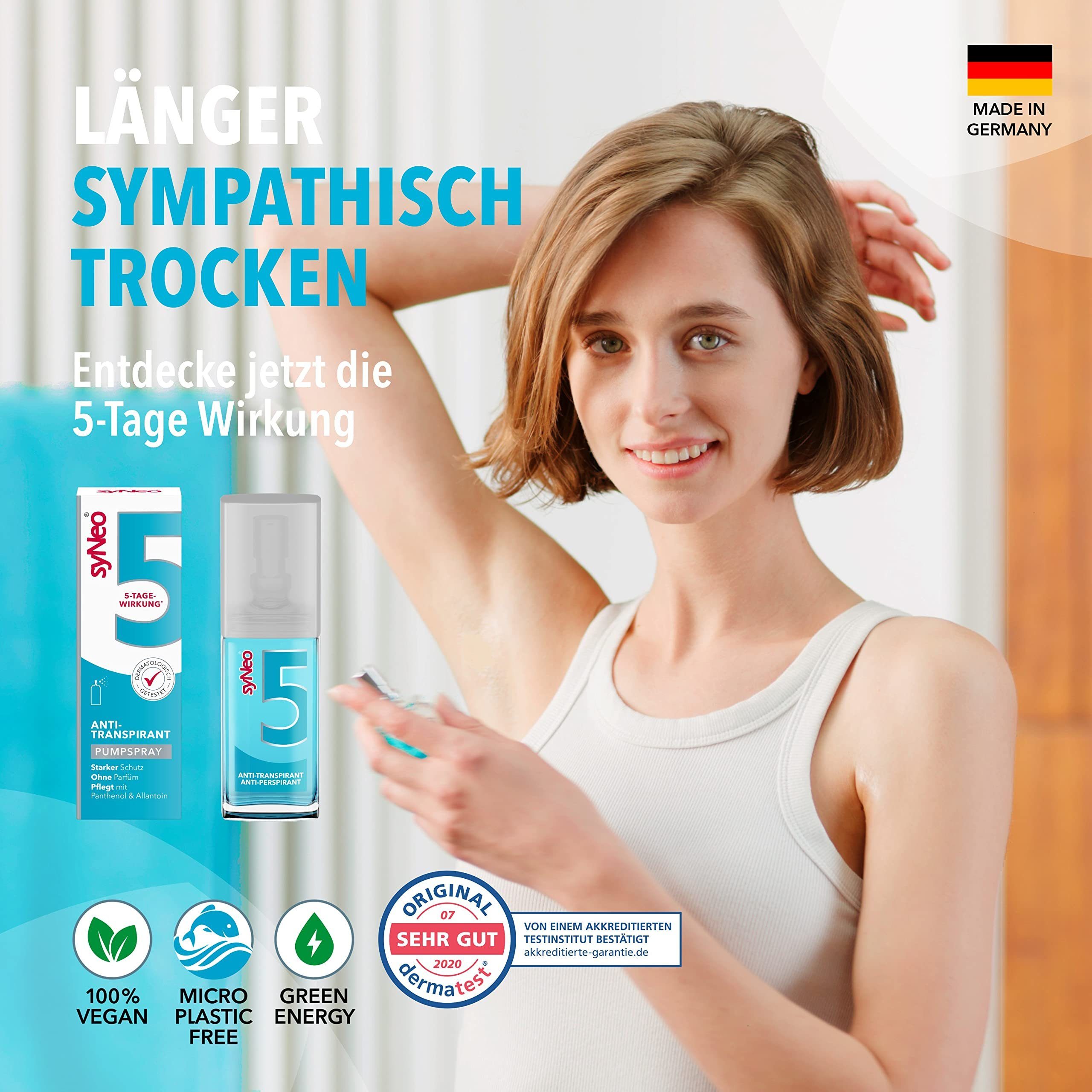 syNeo Deo-Pumpspray syNeo 5 Antitranspirant Spray gegen Schwitzen für Frauen und Männer, 1-tlg., Bis zu 5 Tage Schutz, Dermatologisch getestet, ohne Parfüm