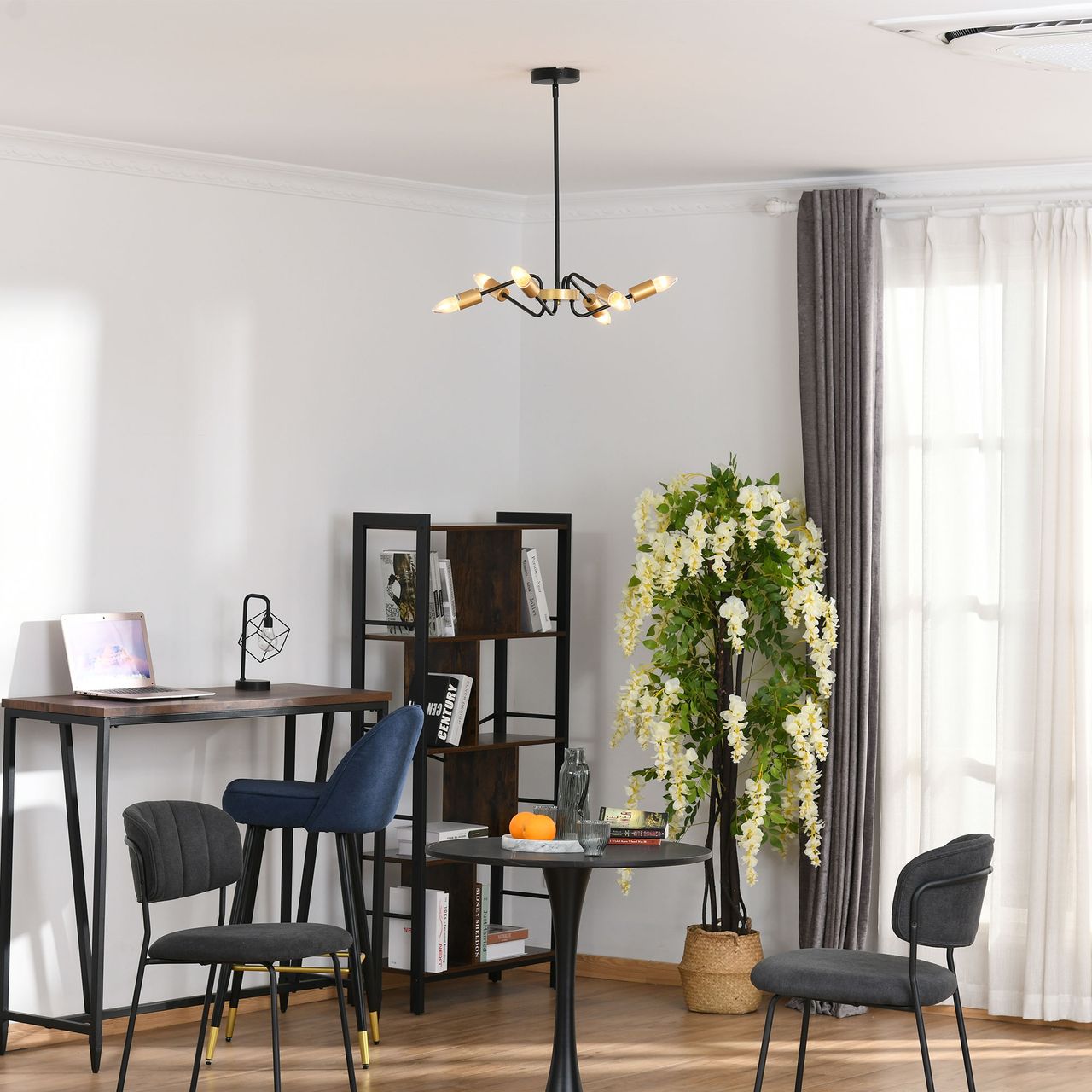 HOMCOM Kronleuchter Hängelampe 6-flammig höhenverstellbar Pendelleuchte Deckenleuchte Industrial mit E27 Lampenfassung für Wohnzimmer Schlafzimmer Metall Schwarz Gold Ø48 x 120 cm