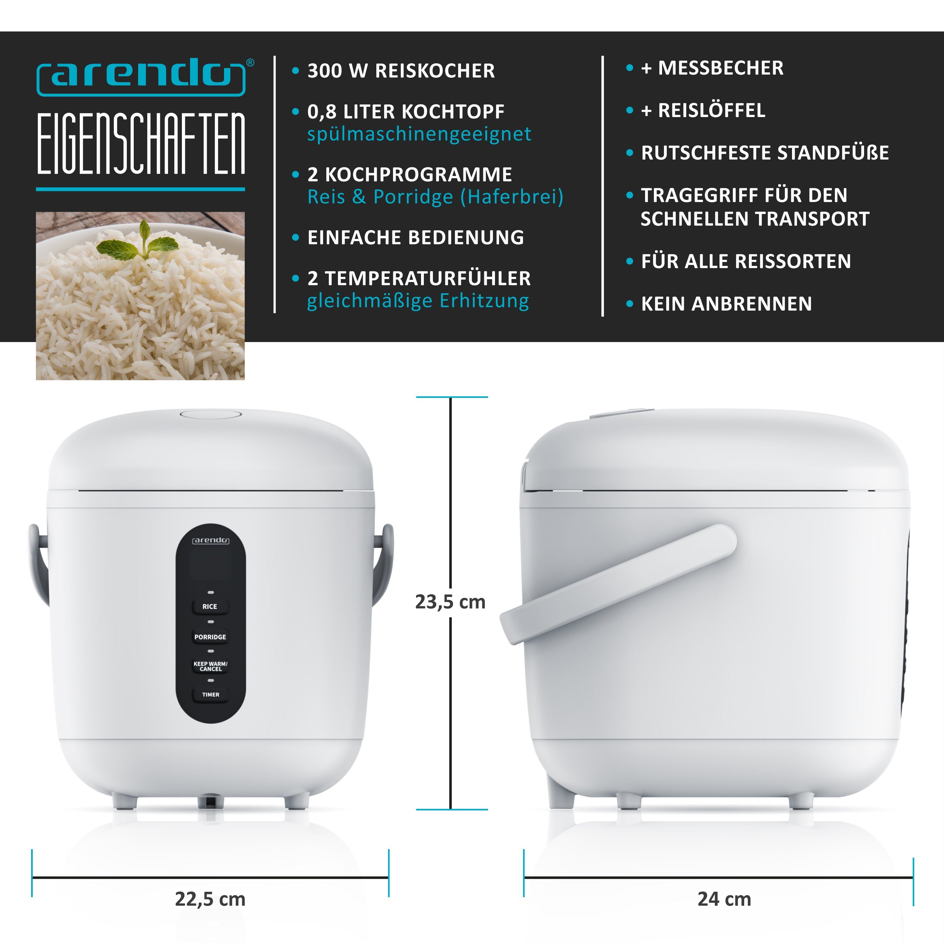 Arendo Reiskocher, 300 W, 0,8l, Messbecher & Reislöffel, Kochprogramme, Timer, Warmhaltefunktion