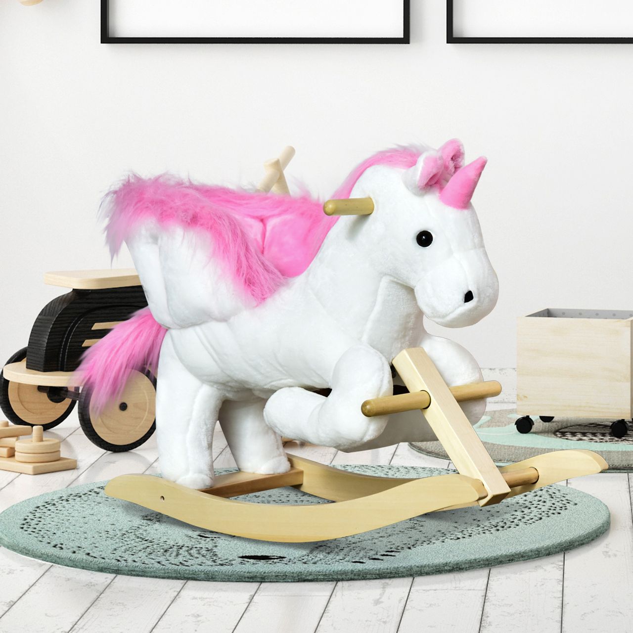 HOMCOM Schaukeltier Schaukelpferd Kinder Schaukel magisches Einhorn-Design mit Musik für Kinder für 18-36 Monate Baby Plüsch Holz Stahl Rosa Weiß 65 x 32 x 55 cm