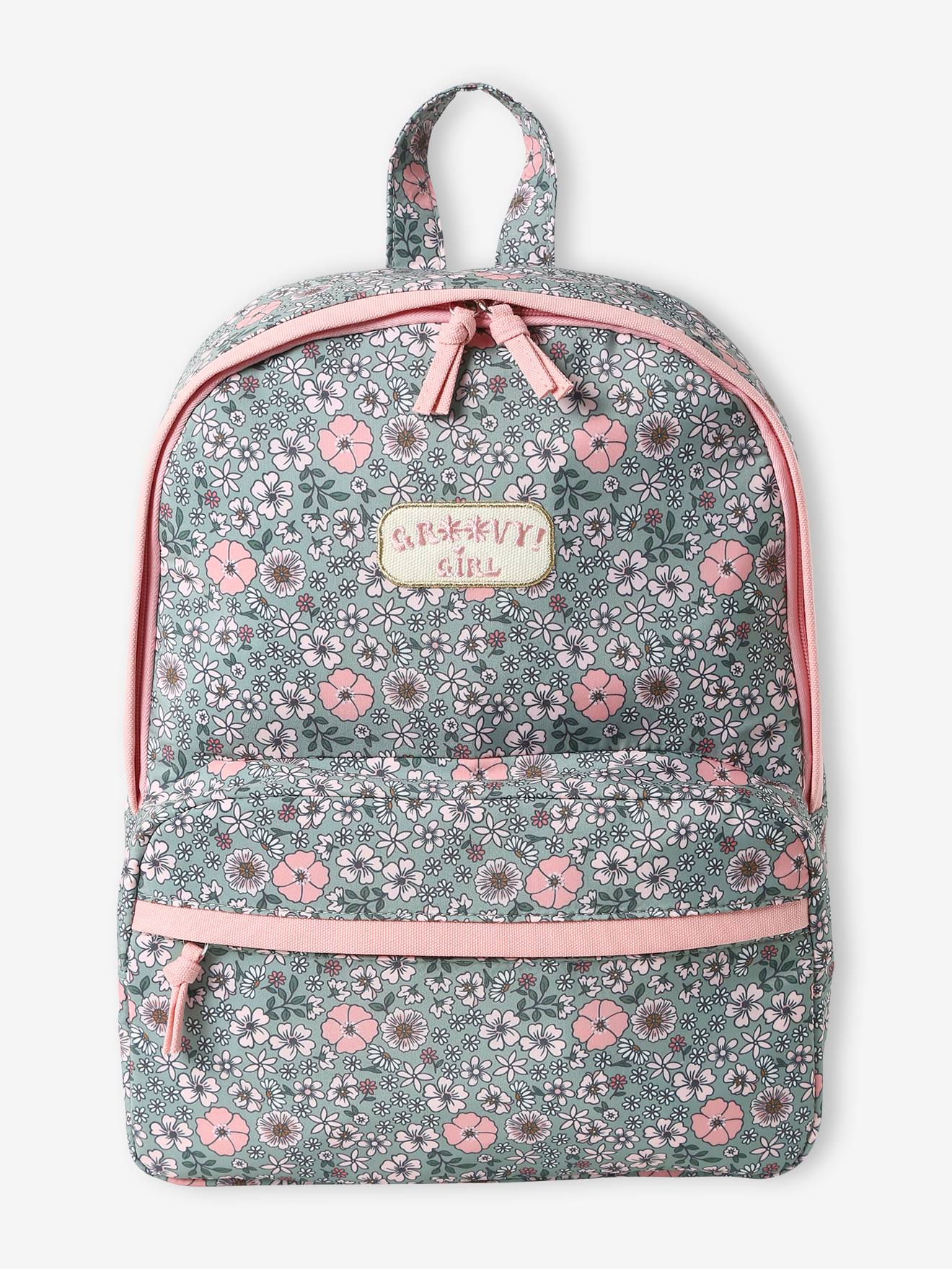 Vertbaudet Mädchen Schulrucksack mit Blumen GROOVY GIRL - moosgrün