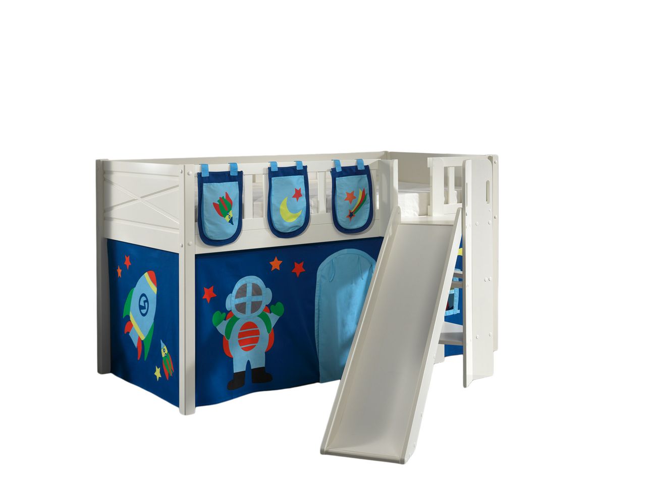 VIPACK Spielbett SCOTT, LF 90 x 200 cm, mit Rolllattenrost, Rutsche, Leiter und Textilset Vorhang und 3 Taschen 