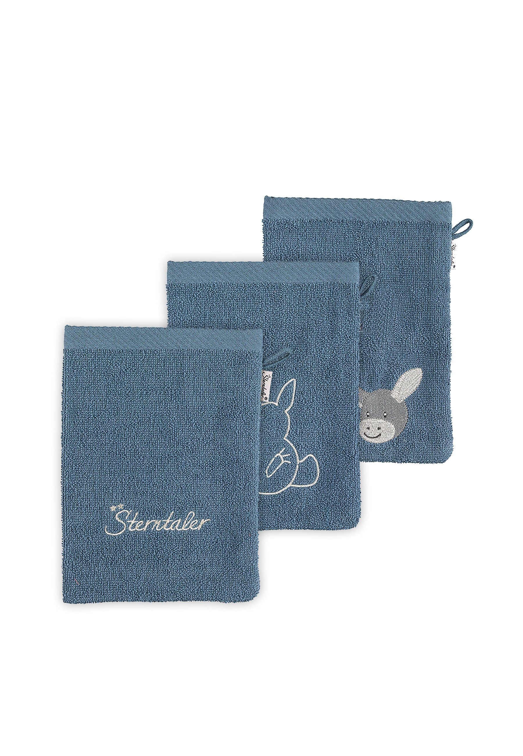 Sterntaler® Waschhandschuh 3er-Pack GOTS Waschhandschuhe Emmi (Stay true to nature, 1-tlg), Waschhandschuh - Nachhaltiger 3er Waschlappen Esel Emmi aus Frottee - Babywaschlappen Motiv Esel Emmi in Graublau, 15x21 cm - Seiftuch mit appliziertem Stickm