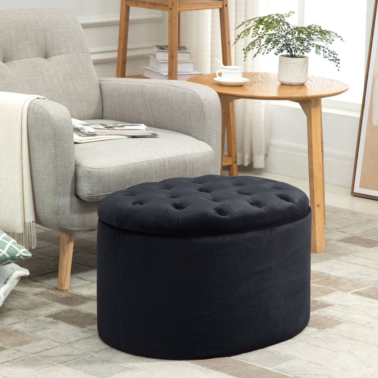 HOMCOM Sitzbank Polsterbank mit Stauraum Truhenbank Ovale Form Flur Schlafzimmer Wohnzimmer samtartiges Polyester Gummiholz Schwarz 71 x 52 x 42 cm