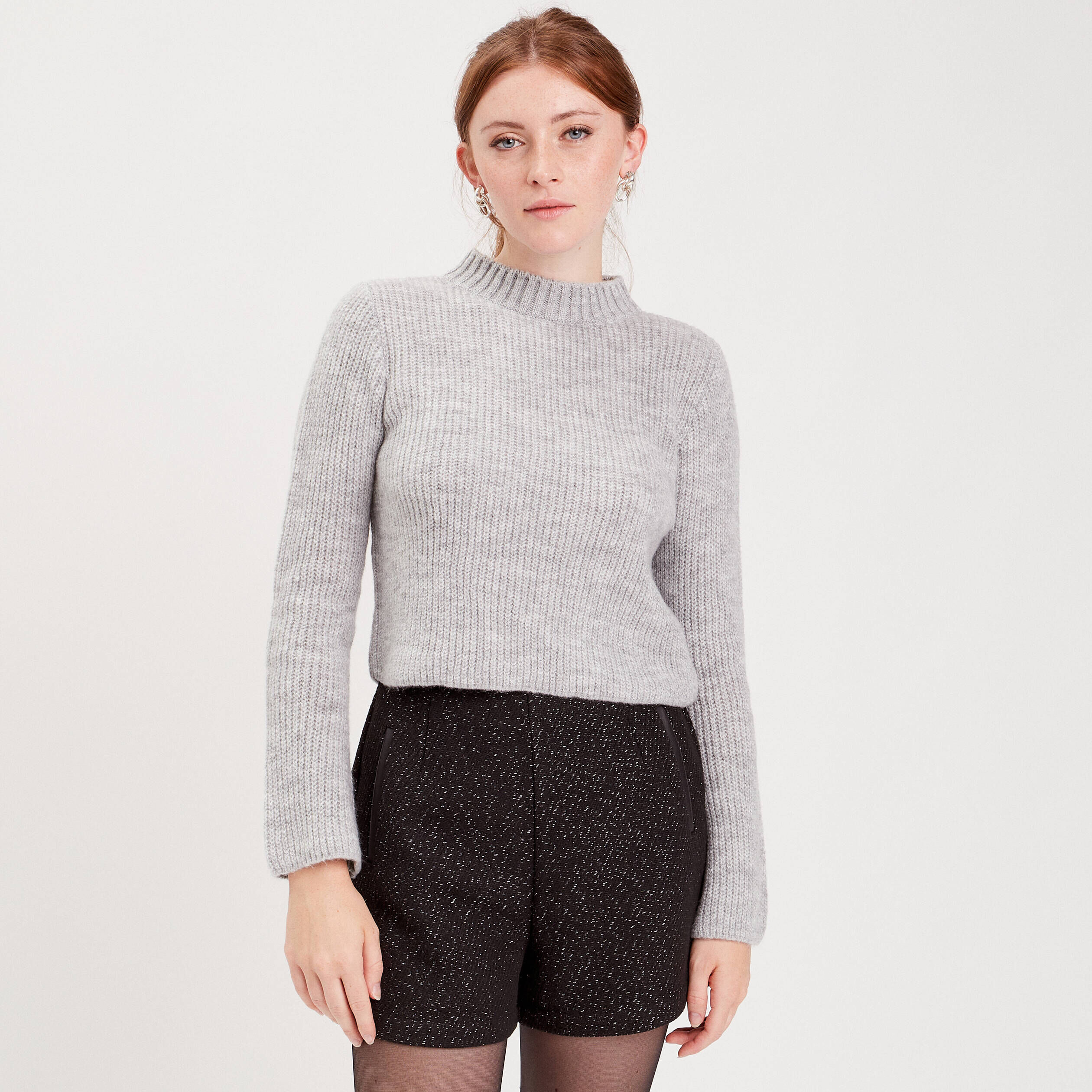 Pull cropped col montant gris clair femme | Cache Cache