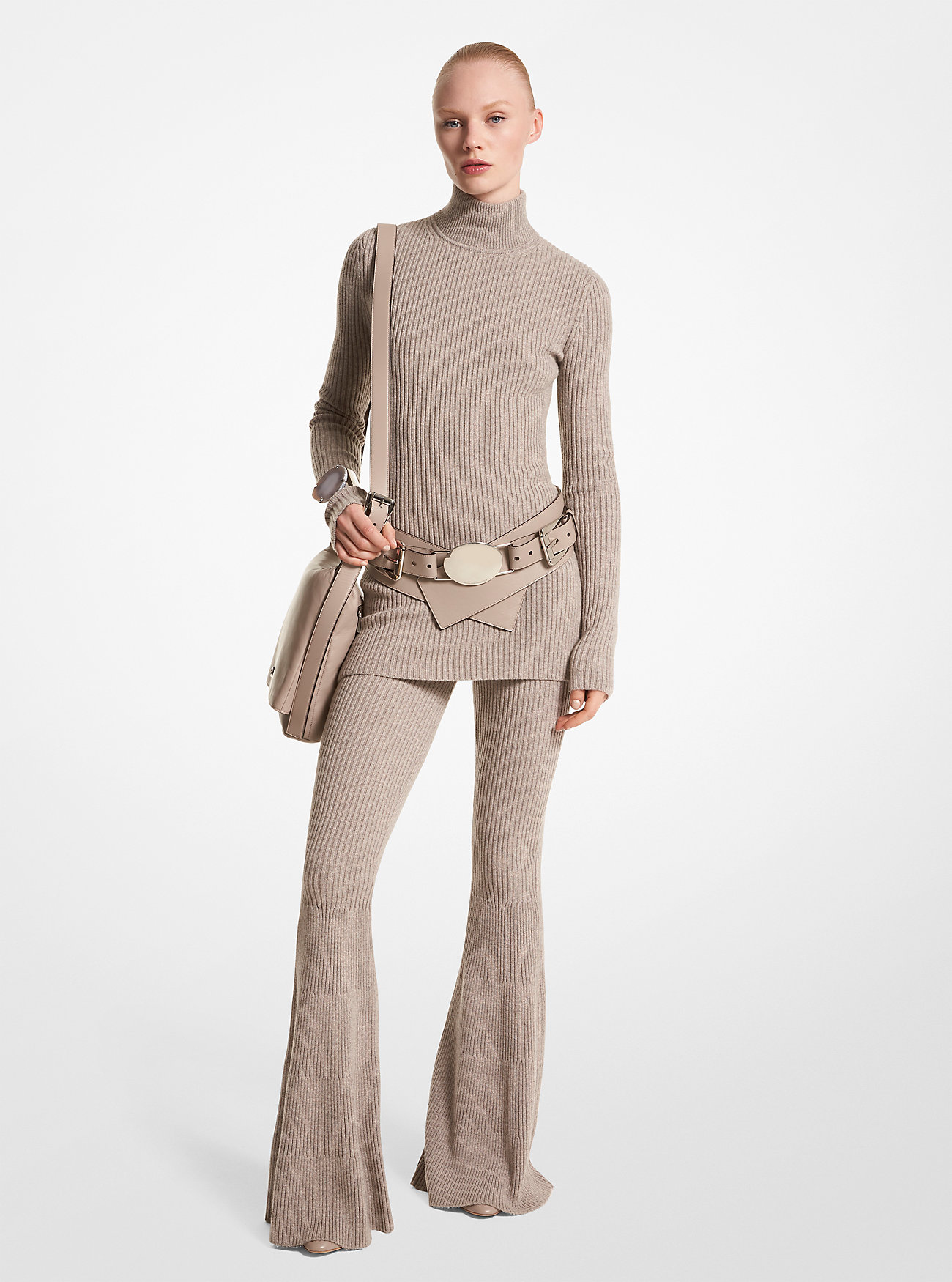 Ribbed Cashmere Flared Pants - TAUPE MELANGE