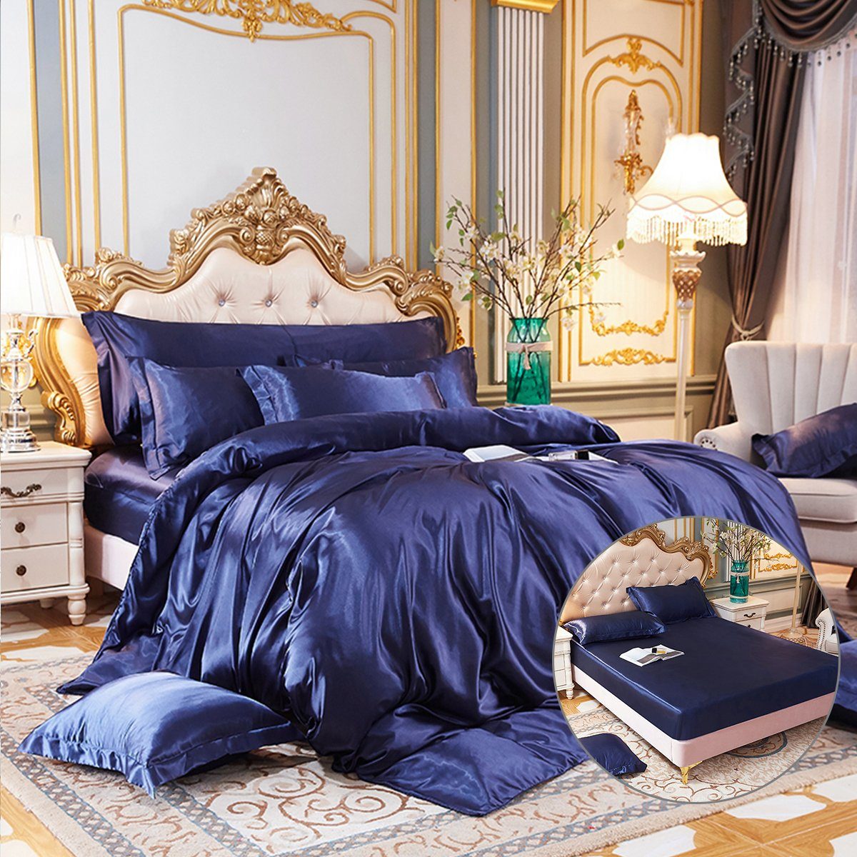 Bettdecke, Kopfkissen + Topper, Satin Seide Bedding 4 teilig Bettwäsche Set Bettbezug Atmungsaktiv, DEBAIJIA