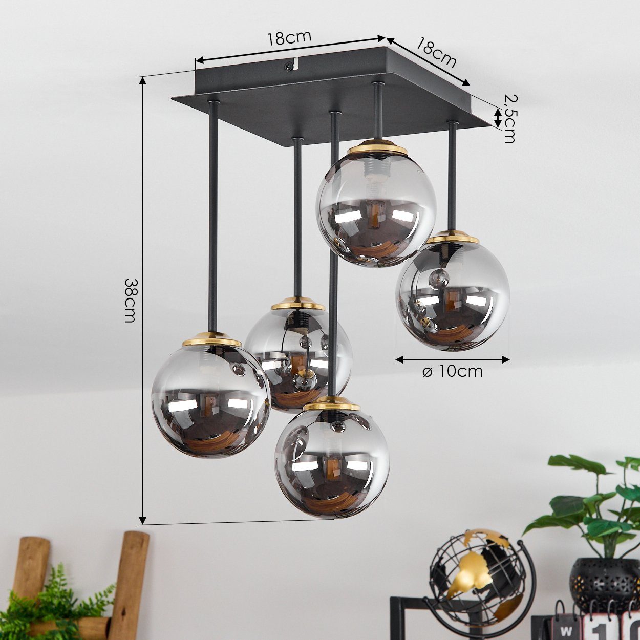 hofstein Deckenleuchte Isorella Deckenlampe aus Metall/Rauchglas in Schwarz/Messing/Chrom, ohne Leuchtmittel, Leuchte mit Kugelschirmen aus Glas, 5xG9