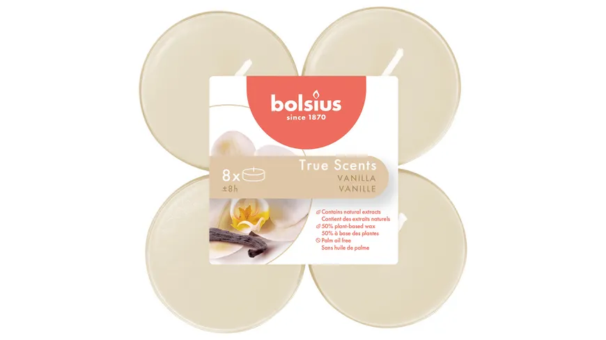 bolsius Maxi-Teelichte True Scents 8h 8er Pack Vanille Vanille