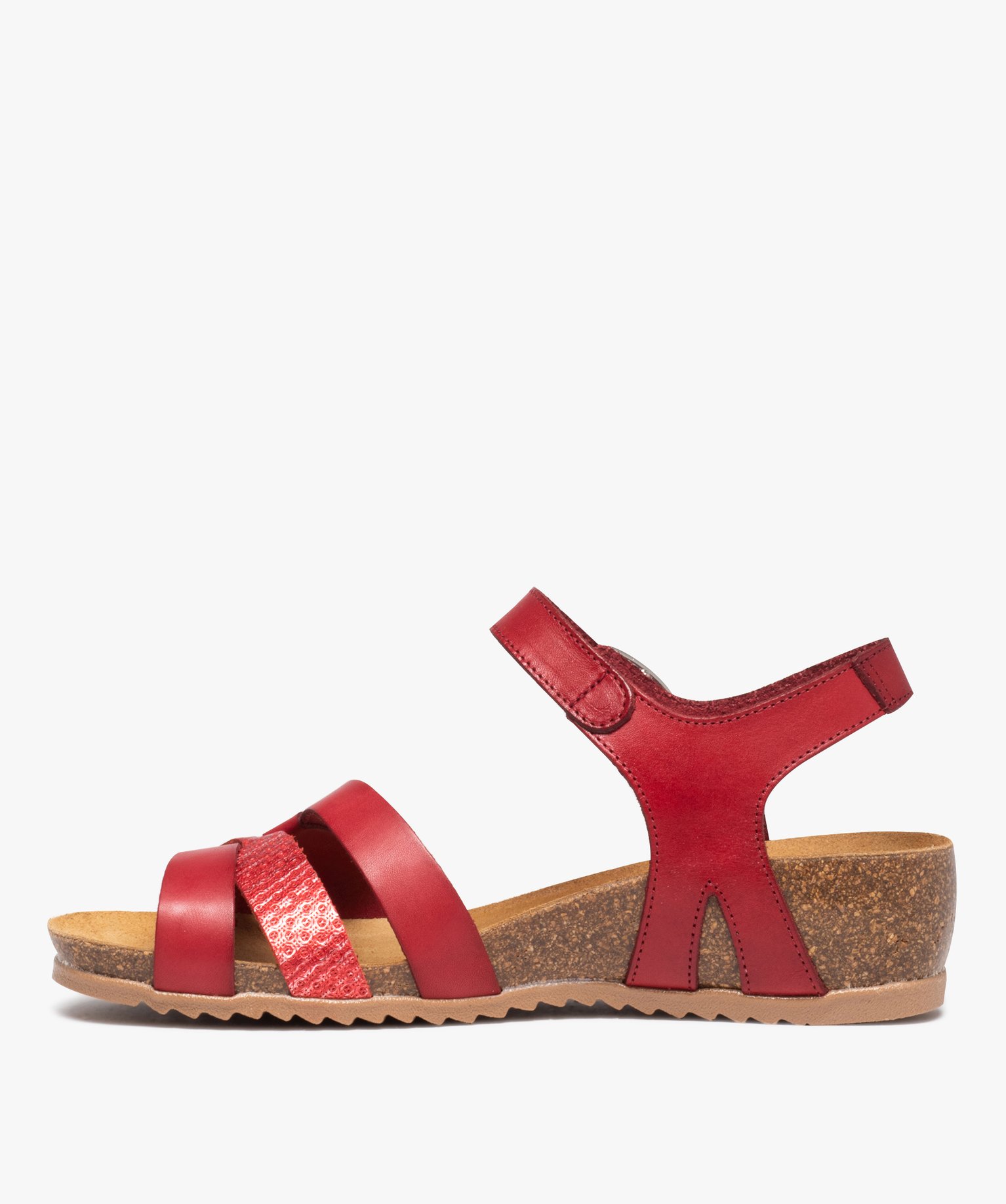 Sandales femme unies et compensées à bride fantaisie en cuir rouge | GEMO