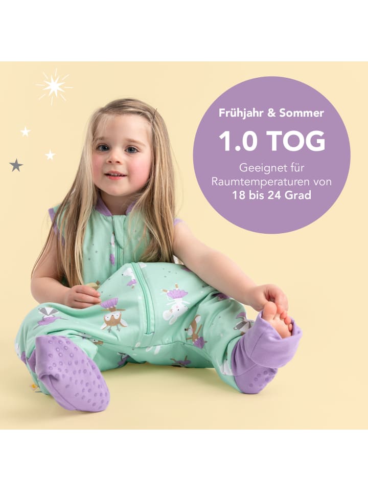 Schlummersack Schlafsack mit Füßen und umklappbaren Bündchen 1.0 TOG in Mint-Lila günstig kaufen