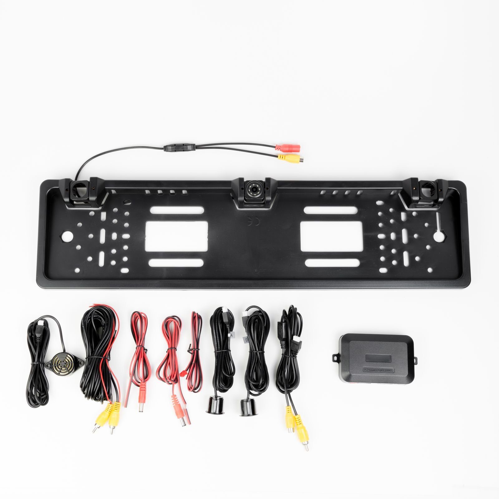CARMATRIX CM-1155 Rückfahrkamera (PDC Einparkhilfe mit HD Rückfahrkamera in Kennzeichenhalterung, Rückfahrwarner 2 Sensoren zum nachrüsten ohne Bohren)