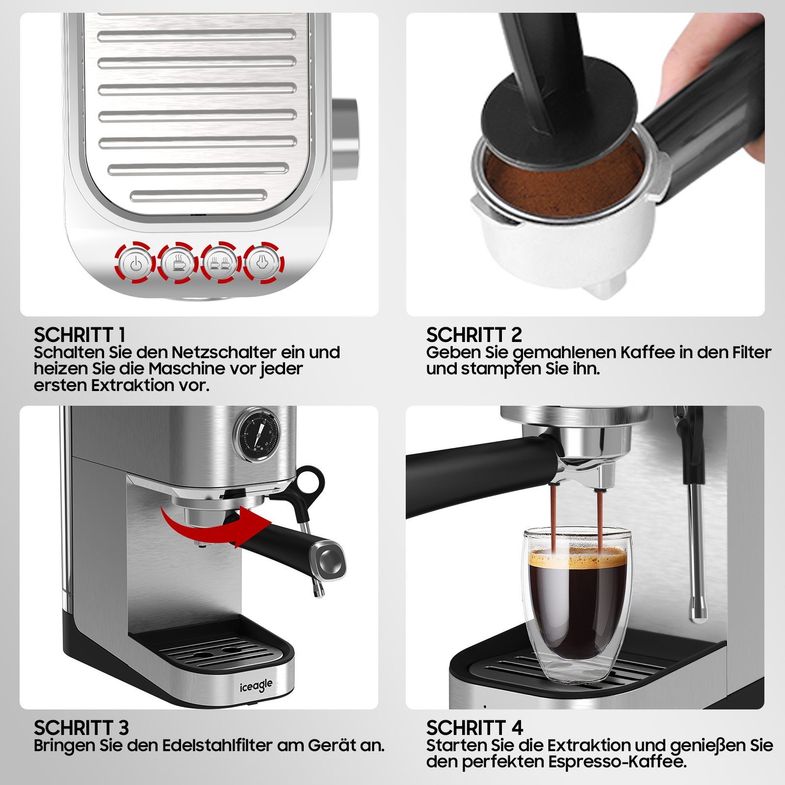 Aoucheni Espressomaschine Programmierbare,Zerkleinerer,1400W,Visuelles Manometer, Korbfilter, schnell 1-2 Tassen,mit Profi-Milchaufschäumer,20 Bar Hochdruckpumpe