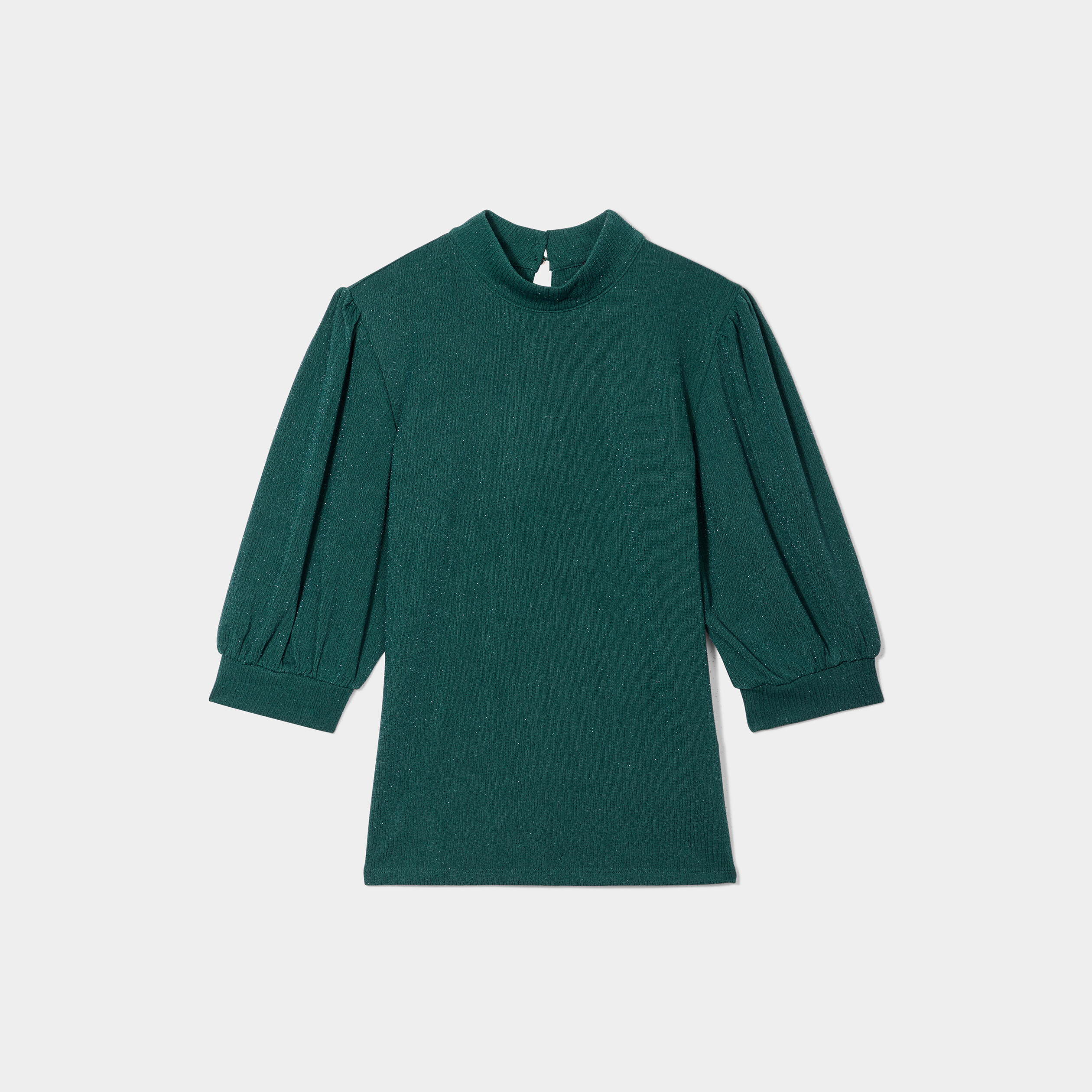 T-shirt col montant manches ballons vert foncé femme | La Halle