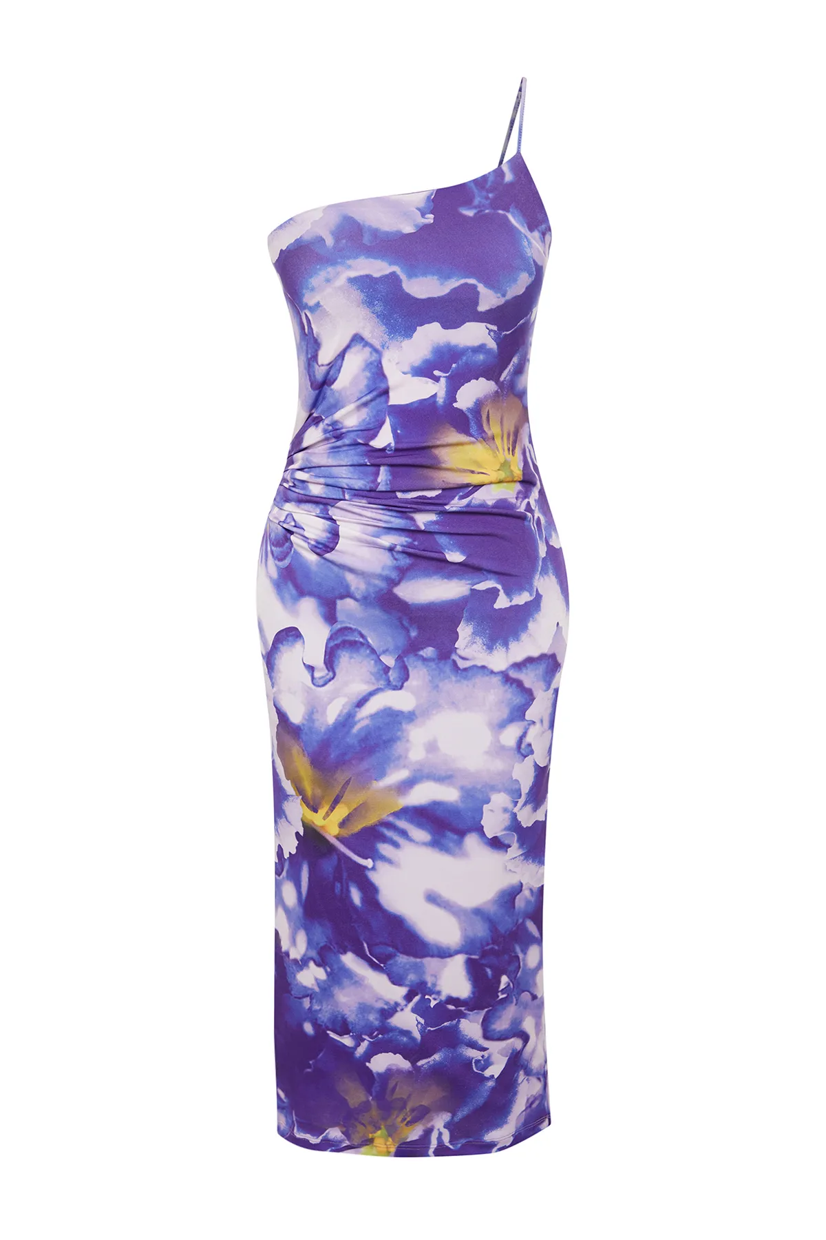 Trendyol Collection  Lila bedrucktes tailliertes Midi-Bleistiftkleid mit One-Shoulder-Träger und dehnbarem Strick TWOSS23EL01577