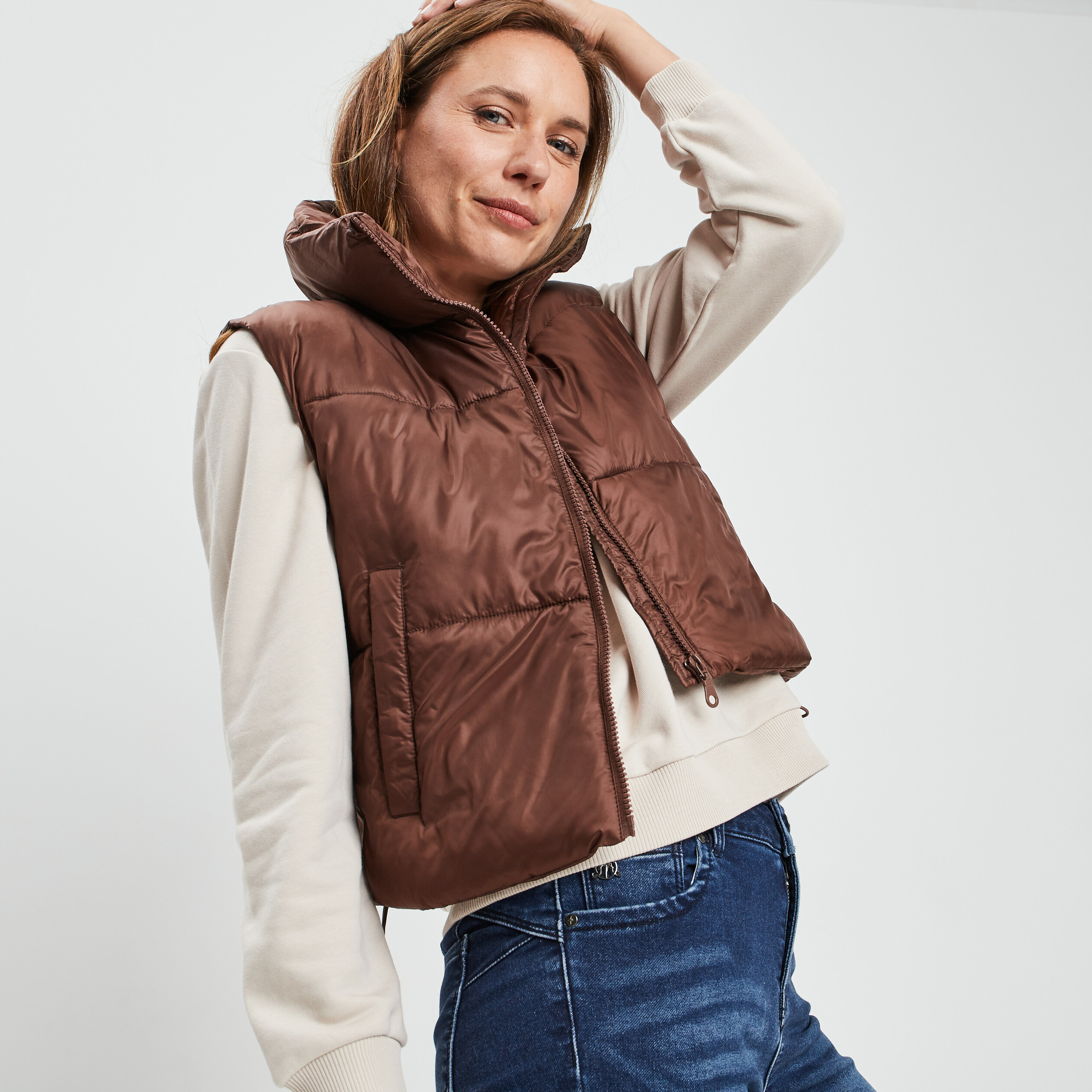 Doudoune droite courte sans manches marron femme | La Halle