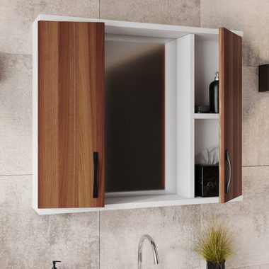 Karen Badezimmer-Set Mercan, (Komplett-Set, Standartmäßig 3-Teilig (Unterschrank, Spiegelschrank, Waschbecken), Der Lieferumfang umfasst Unterschrank, Spiegelschrank und Waschbecken), Klassisches Design, Weidenholz Furnier, Bügelgriffe, ohne Softclos