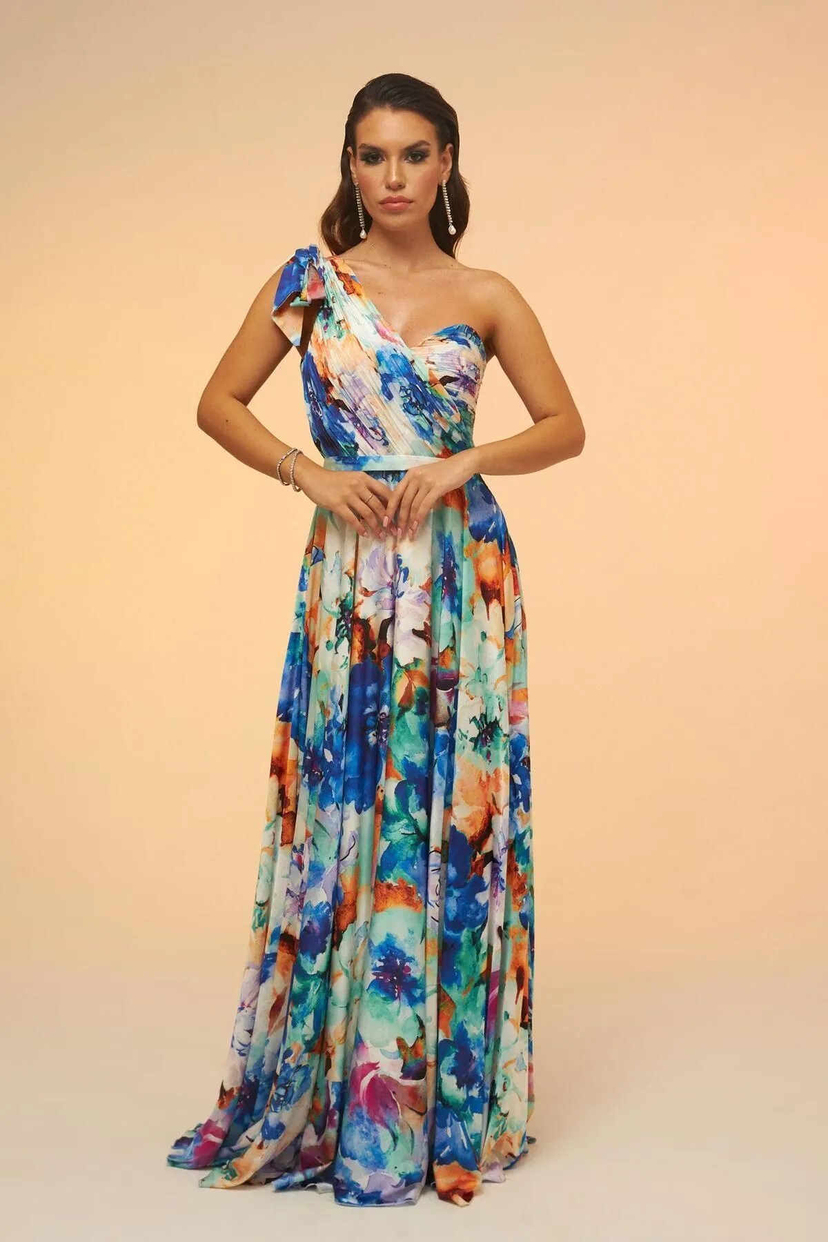 Carmen  Saks Bedrucktes, einärmliges, langes Abendkleid