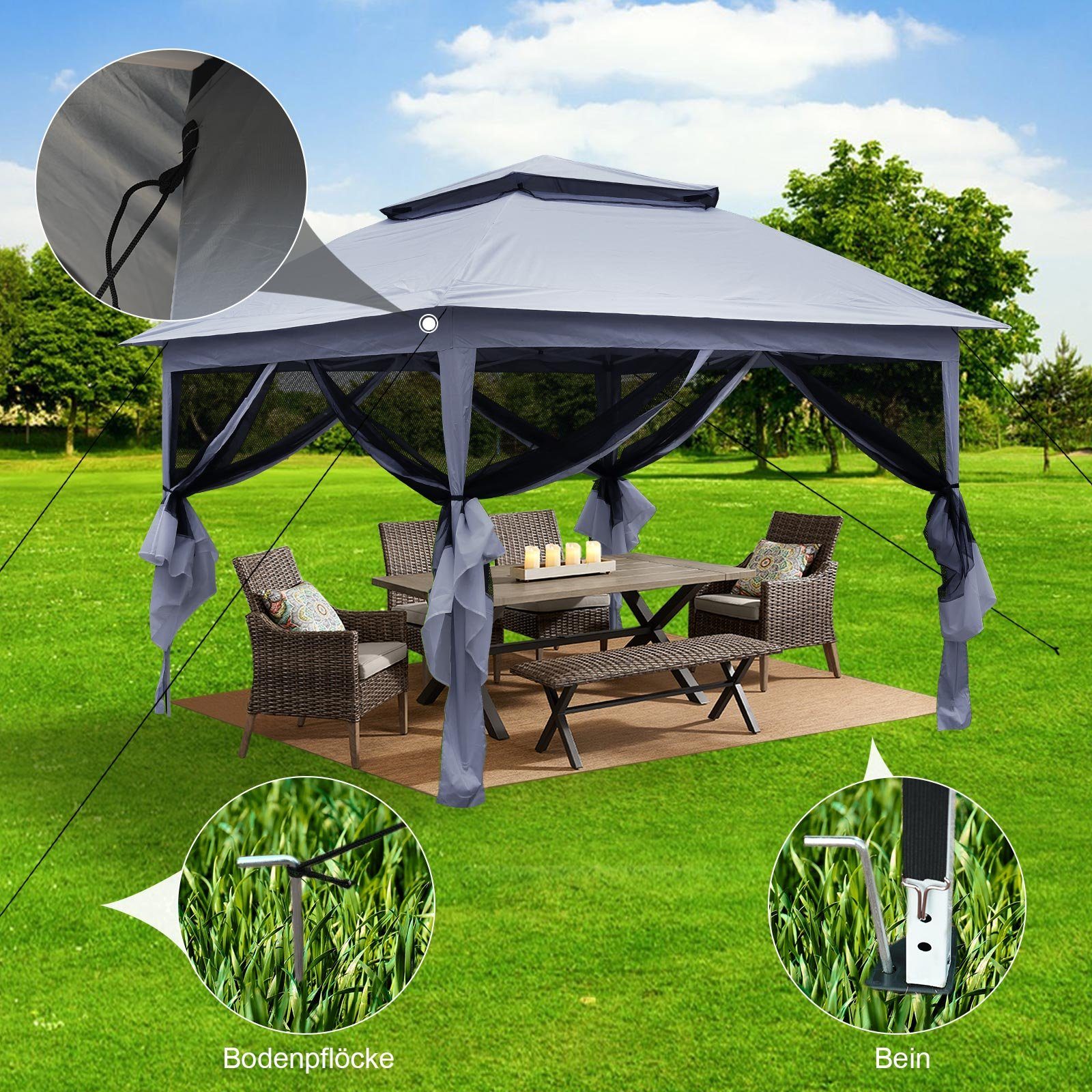 CLIPOP Faltpavillon 3.2x3.2M Doppeldach-Pavillon, mit 4 Seitenteilen Gartenzelt
