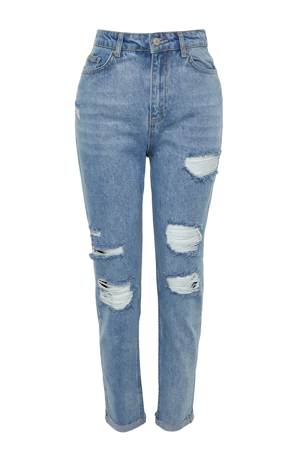 Trendyol Collection  Hellblaue zerrissene High-Bel-Mom-Jeans TWOSS23JE00230