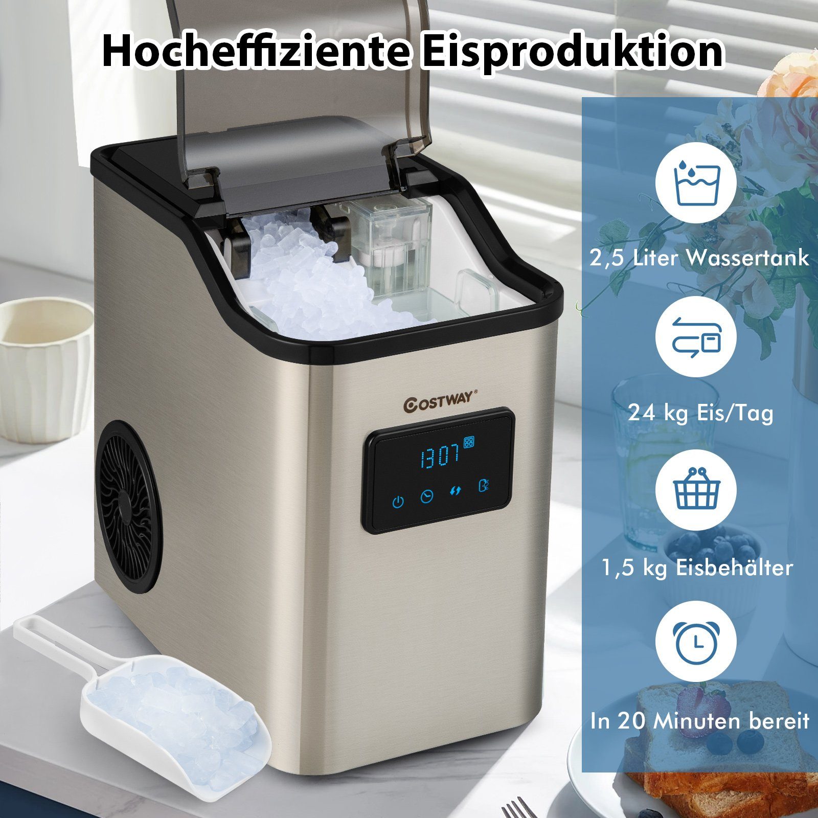 COSTWAY Eiswürfelmaschine, 24kg/Tag inkl. Schaufel, Selbstreinigungsfunktion