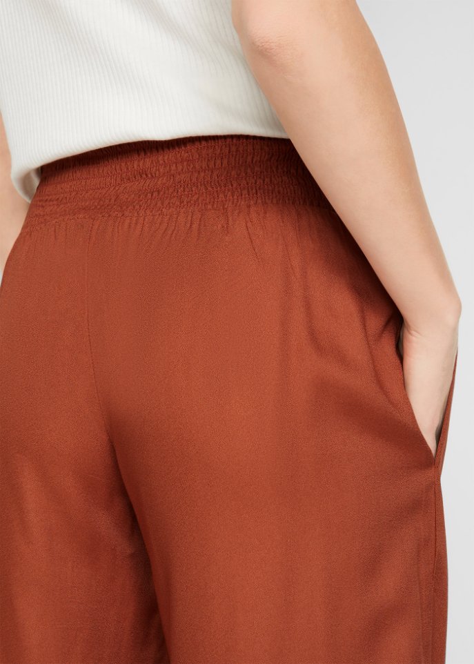 Weite Hose aus Viscose mit High-Waist-Smockbund, Crepegewebe
