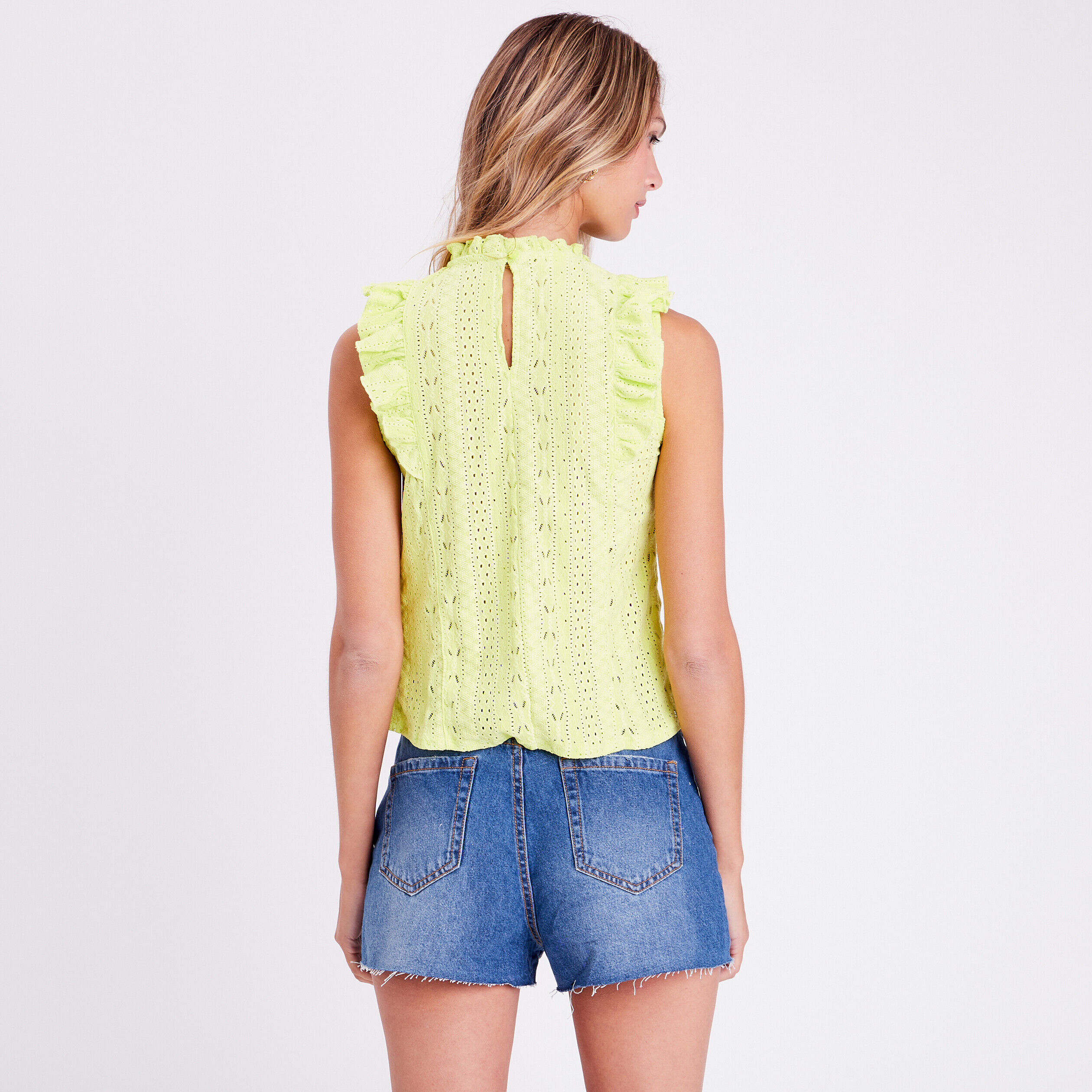 Blouse brodée avec volants vert fluo femme | Cache Cache