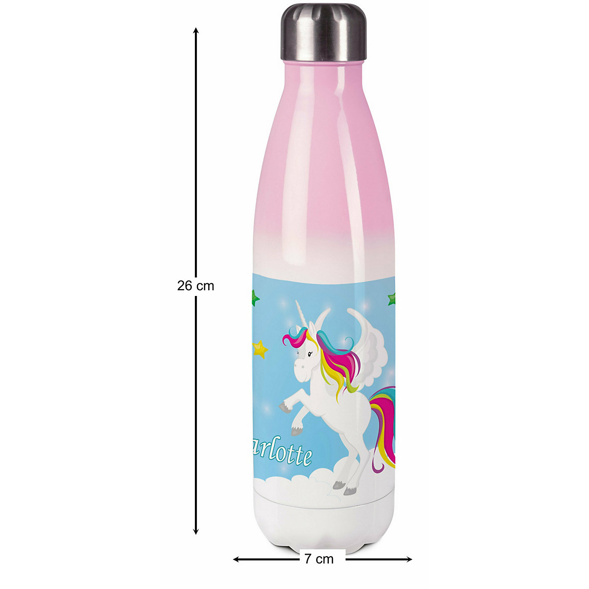 Edelstahl Kinder Thermoflasche / Trinkflasche bunt Pegasus Farbe blau Spülmaschinenfest, Auslaufsicher, Bruchfest, Doppelwandig, Für Heißgetränke geeignet, Mit Deckel, Isoliert