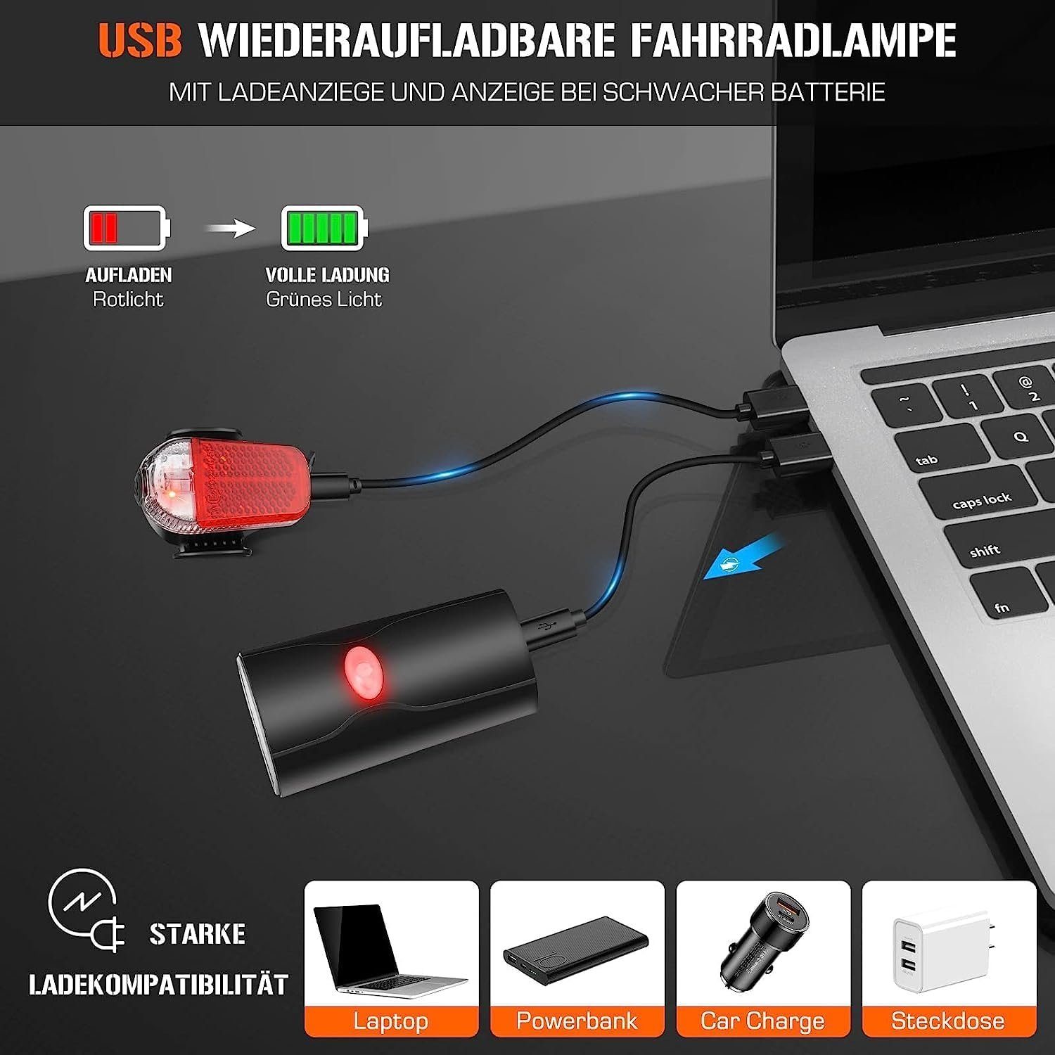 ASLENY Fahrradbeleuchtung LED-Fahrradlicht-Set, Wasserdichte Fahrradbeleuchtung, USB-Ladefunktion,Enthält Front und Rücklicht für Kinder und Erwachsene