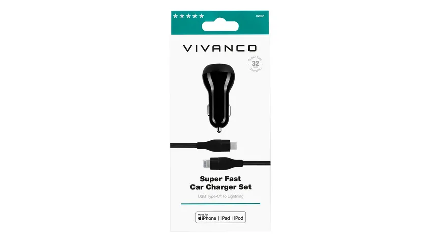 Vivanco Super Fast Car Charger Set, 2 USB Ports, inkl. USB Type-C™/Lightning-Kabel, Kfz Schnellladegerät für Apple, 32W