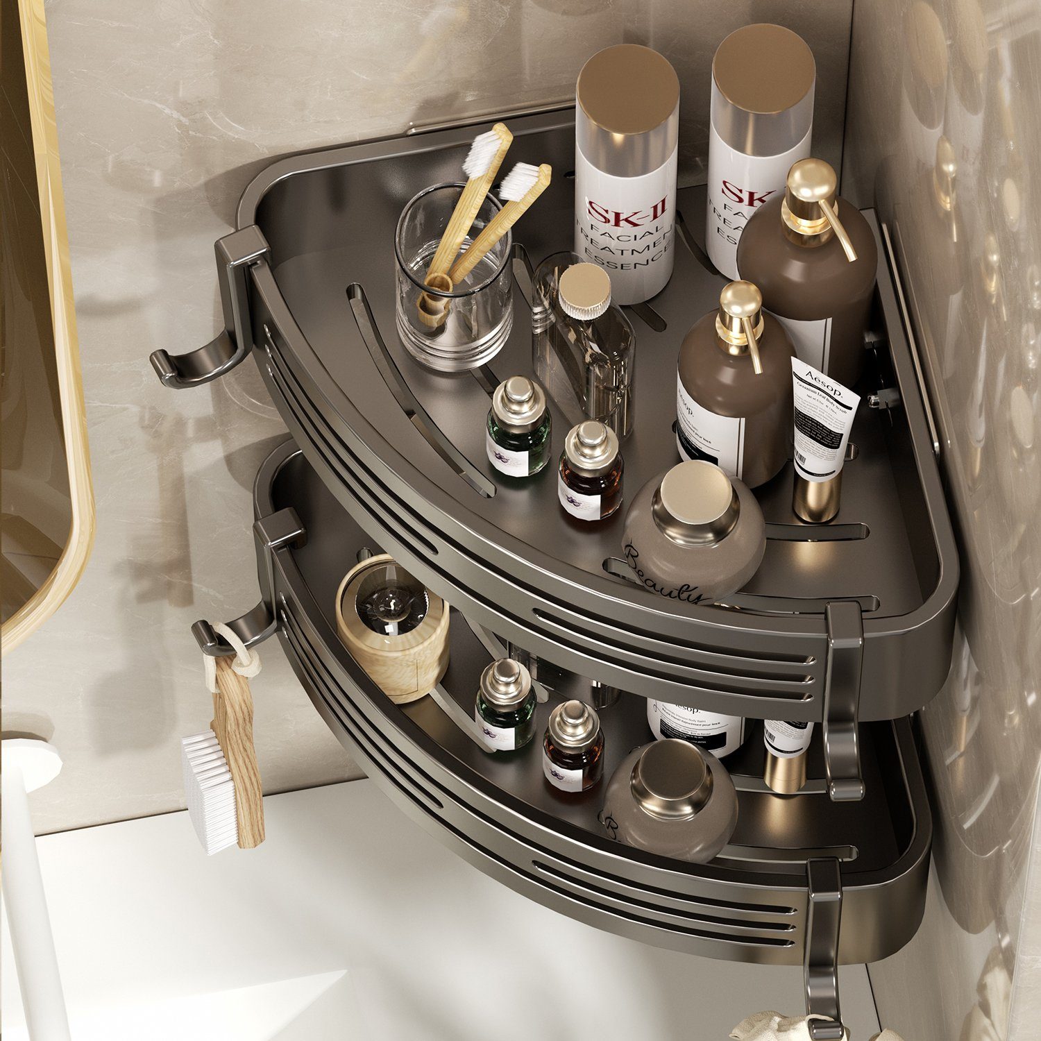 Directin Duschkorb 2-Stück Eckregal ohne Bohren aus rostfreiem Aluminium für die Dusche (Set, mit 4 Klebeflächen und 4 Haken, für Bäder Küchen Duschgel), Badezimmer Duschablage Selbstklebendes Oder Bohren