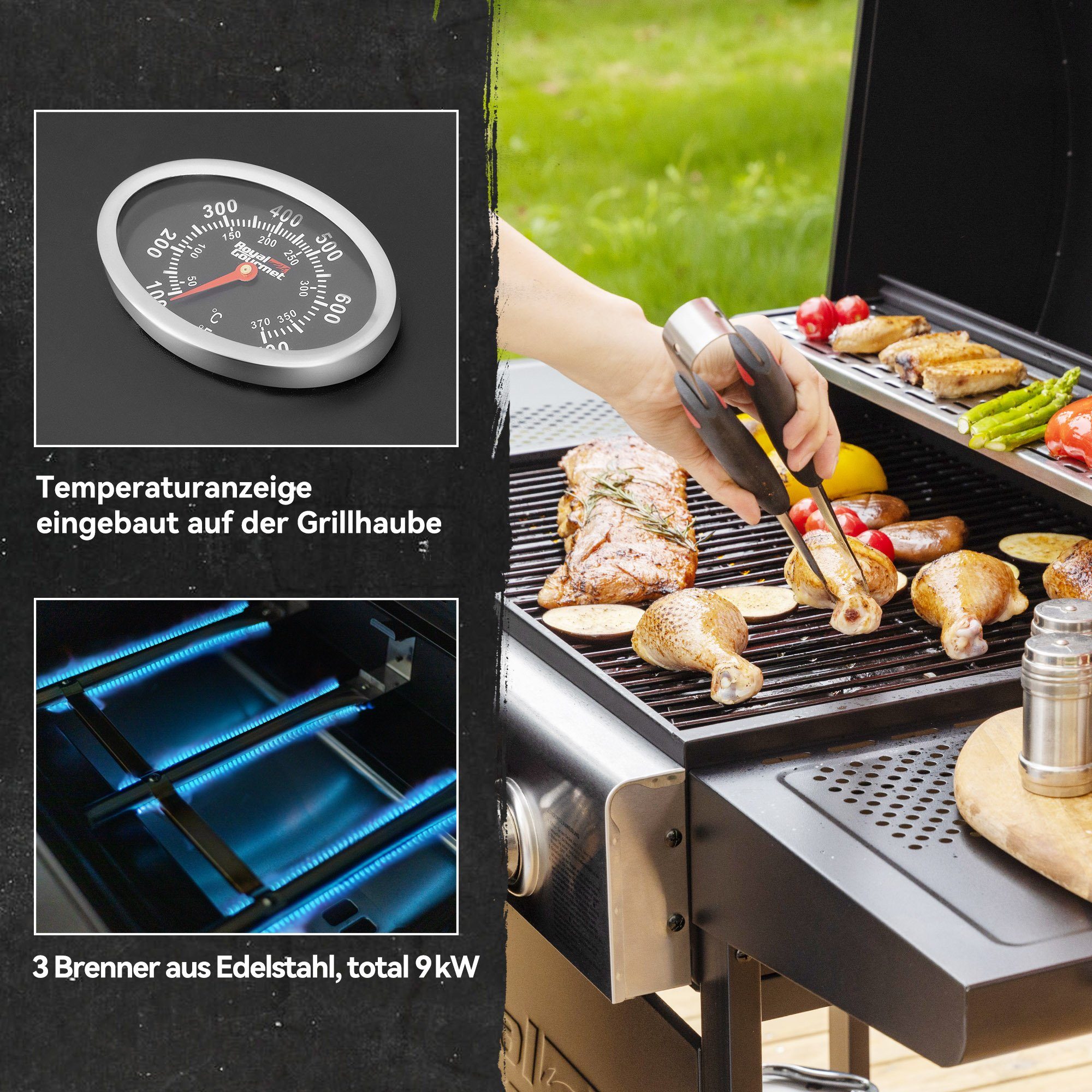Royal Gourmet Gasgrill 3 Brenner, 9 kW Camping Gaskocher mit Kochplatte, B x T x H: 121,6 x 57,8 x 105 cm