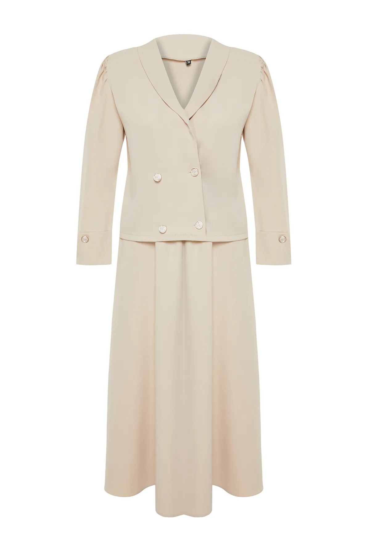 Trendyol Modest  Steinfarbenes Set aus Jacke, Rock, Unterteil und Oberteil aus gewebtem Stoff TCTSS24US00063