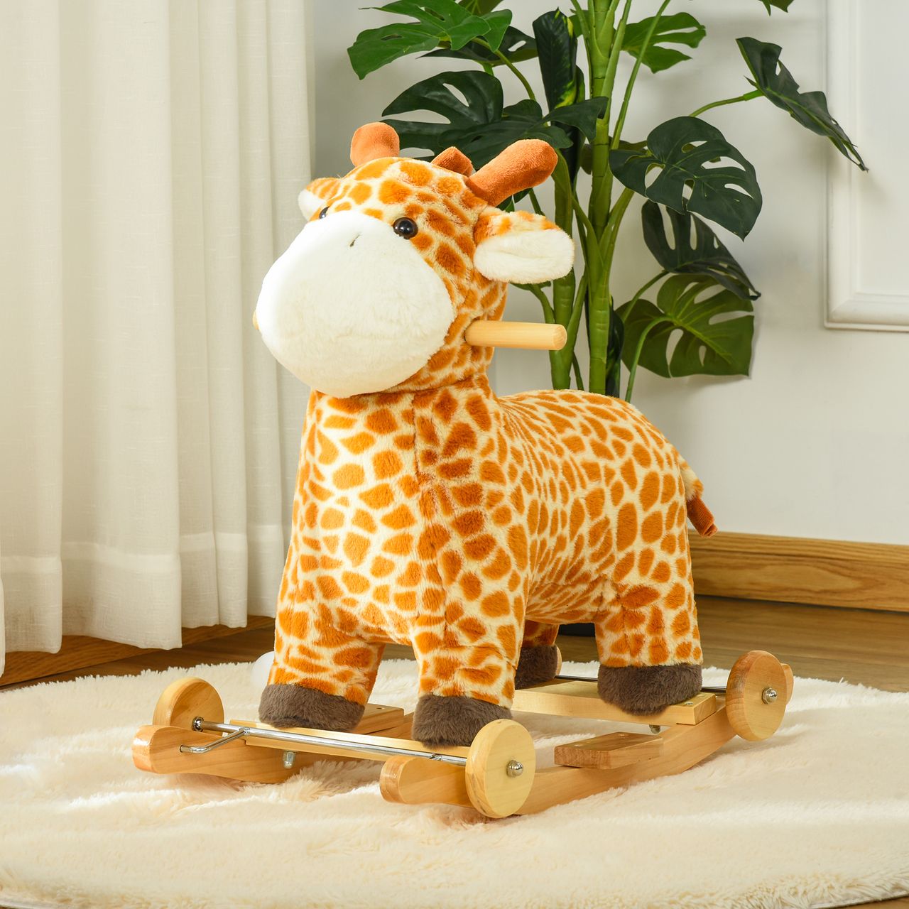 HOMCOM 2-IN-1 Schaukelpferd mit Räder Plüsch Schaukeltier Babyschaukel Spielzeug für 36-72 Monaten Giraffen-Design Gelb 63 x 38 x 63 cm