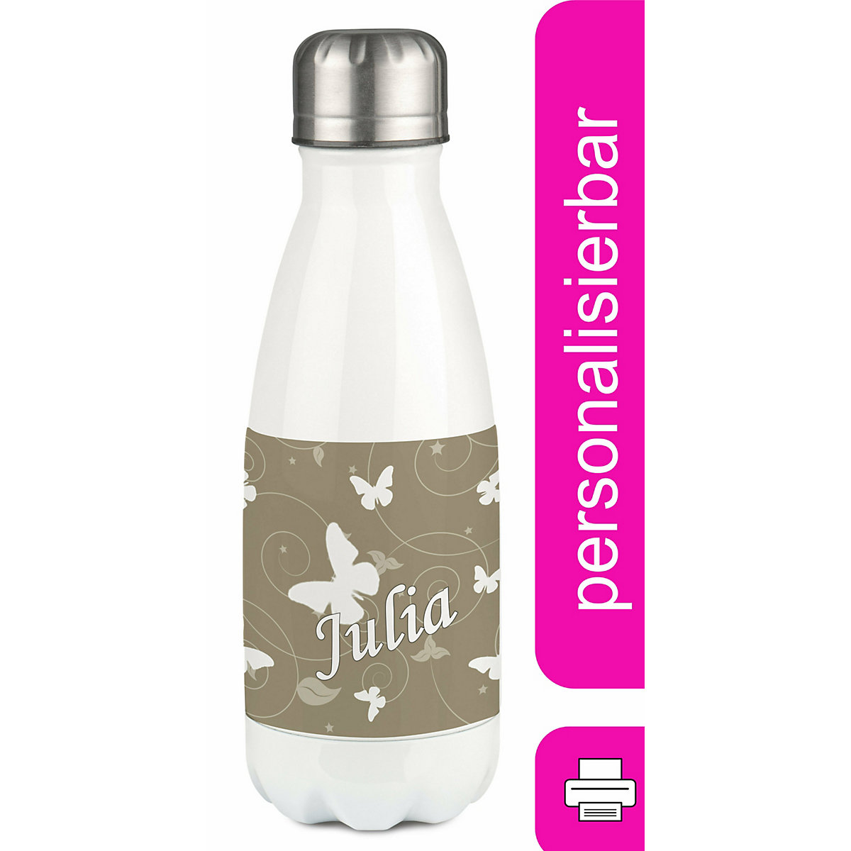 Edelstahl Kinder Thermoflasche / Trinkflasche bunt Schmetterling Ornamente Farbe cappuchino Spülmaschinenfest, Auslaufsicher, Bruchfest, Doppelwandig, Für Heißgetränke geeignet, Mit Deckel, Isolie