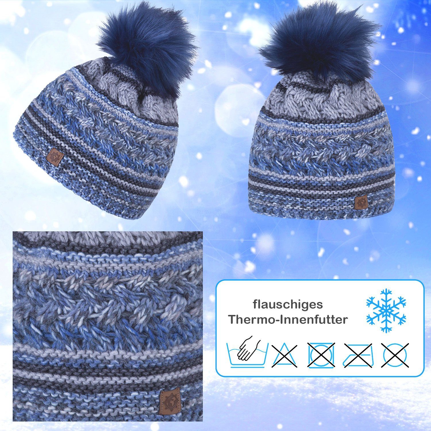 compagno Bommelmütze (1-St) Wintermütze Strickmütze Damen Winter gefüttert Beanie
