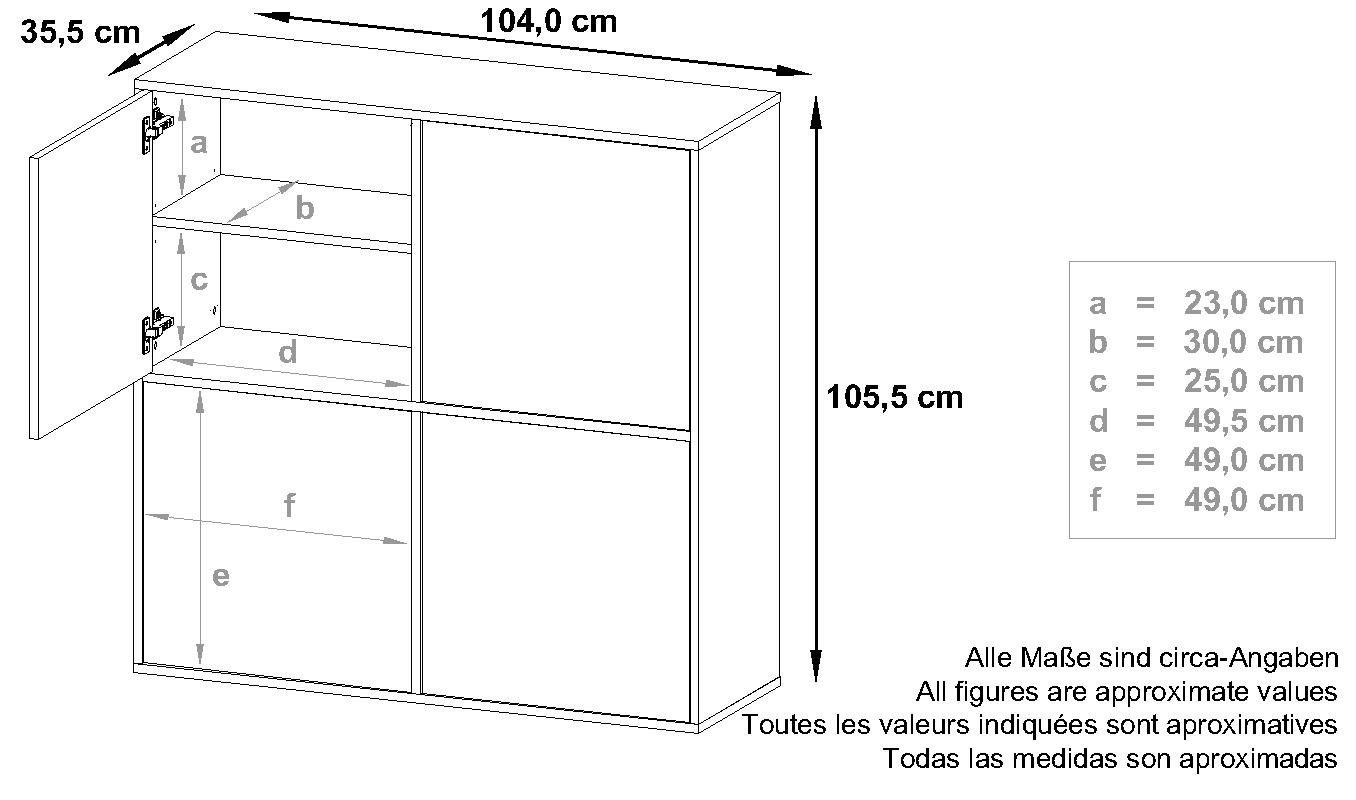 Vladon Highboard Cuba (Schrank, 104 x 105,5 x 35,5 cm Sideboard mit 8 Fächern), Korpus in Weiß matt / Fronten in Weiß Hochglanz