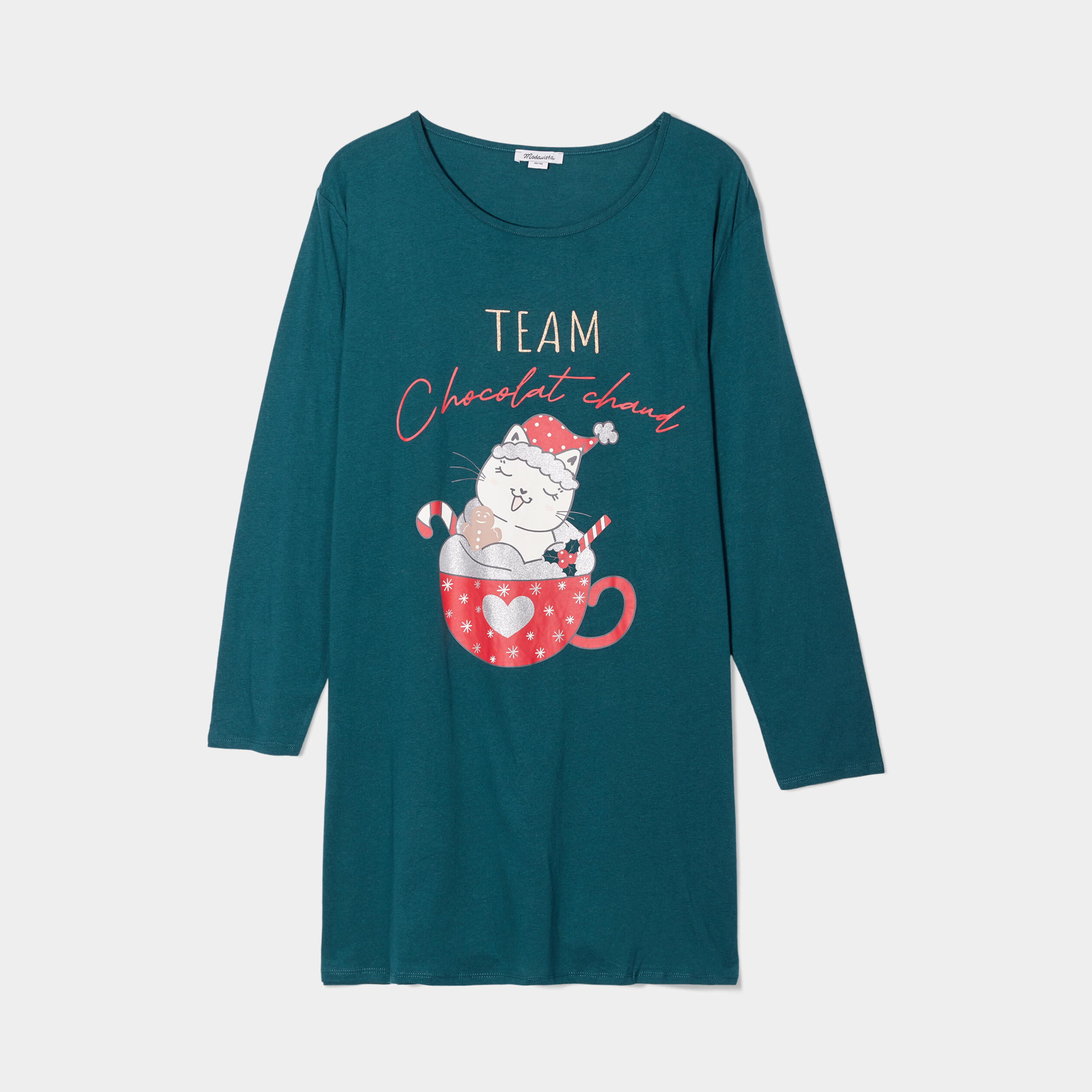 Chemise de nuit manches longues col rond vert canard femme grande taille | La Halle