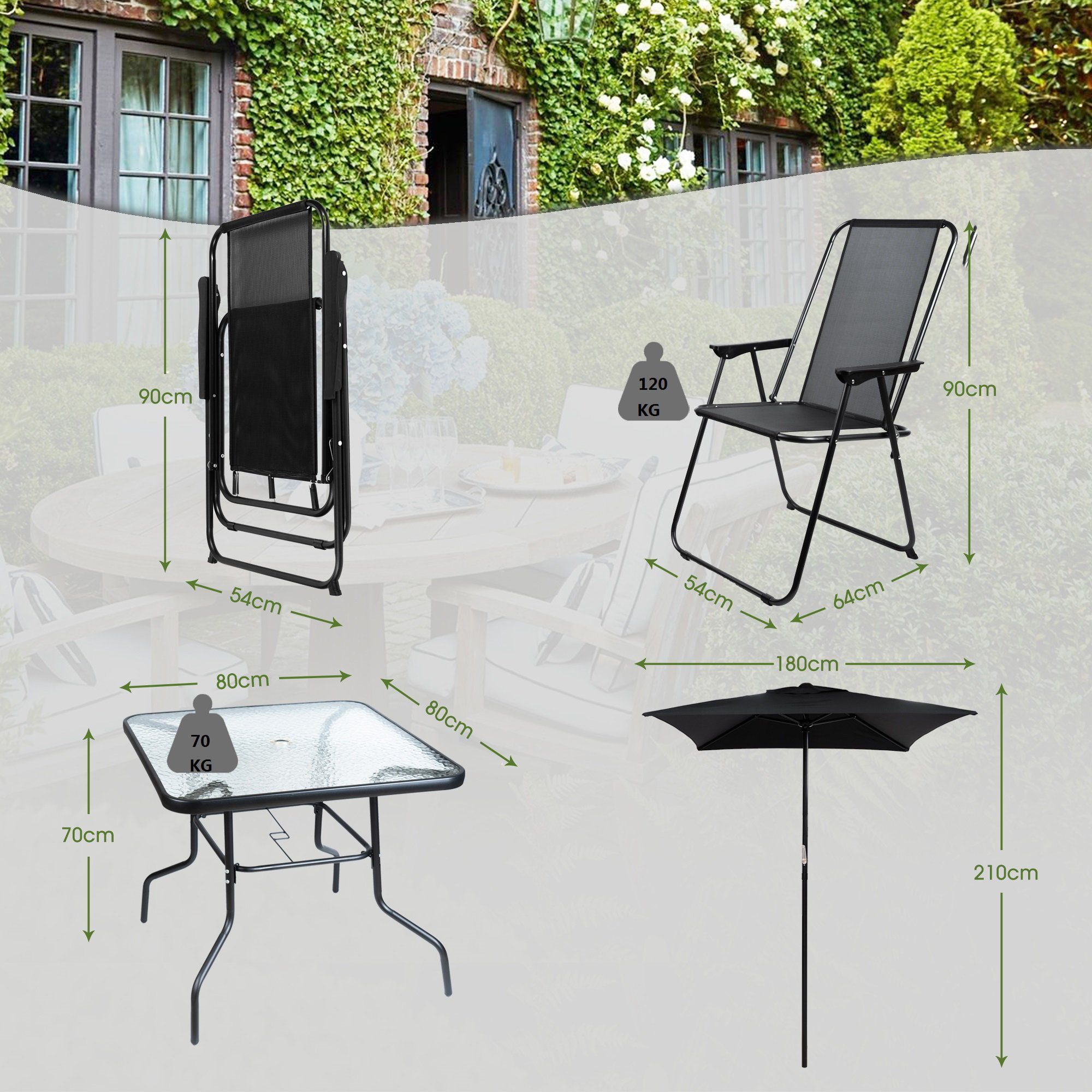 JINPALAY Gartenlounge-Set mit 4 Gartenstühle, 1 Tisch aus Glas, 1 Sonnenschirm, (6-tlg)